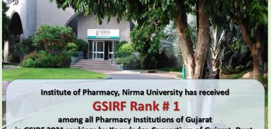 Institute of Pharmacy, Nirma University received Rank # 1 in GSIRF Ranking 2021 among all Pharmacy Institutions of Gujarat
