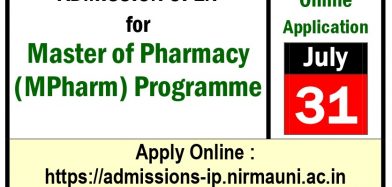 Last date for Online Application for MPharm Admissions has been extended to 31st July 2021