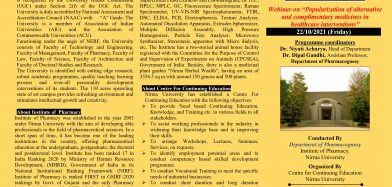 Webinar on *“Popularization of alternative and complimentary medicines in healthcare interventions”* on 22nd October, 2021 organized by Pharmacognosy Dept., IPNU