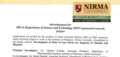 Advertisement for JRF in DST sponsored Research Project