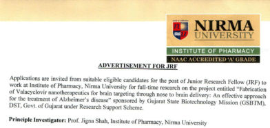 Advertisement for JRF in GSBTM Sponsored Research Project
