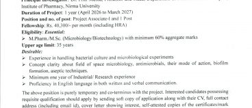 Advertisement for Recruitment of Project Associate - I in ISRO funded project under RAC-S