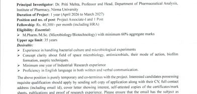 Advertisement for Recruitment of Project Associate – I in ISRO funded project under RAC-S
