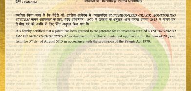 Co-inventor for a Patent published by The Patent Office Journal for an invention “Synchronized Crack Monitoring System”