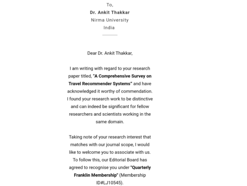 Dr Ankit Thakkar recognised with “Quarterly Franklin Membership”