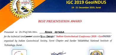 Best Presentation Award in Indian Geotechnical Conference-GEOINDUS 2019.