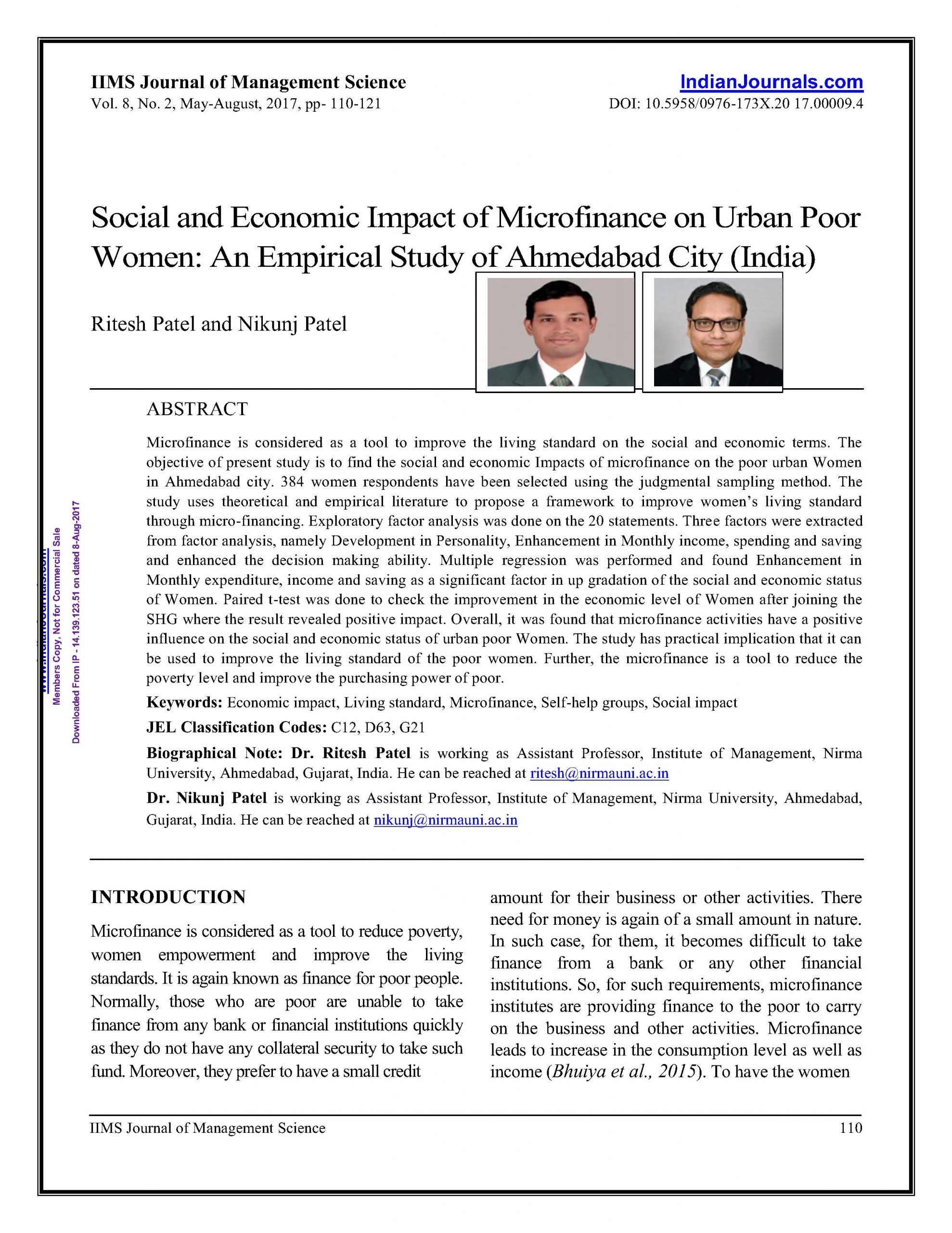 Social and economic Impact of Micro-finance on Urban Poor Women: An Empirical Study of Ahmedabad city