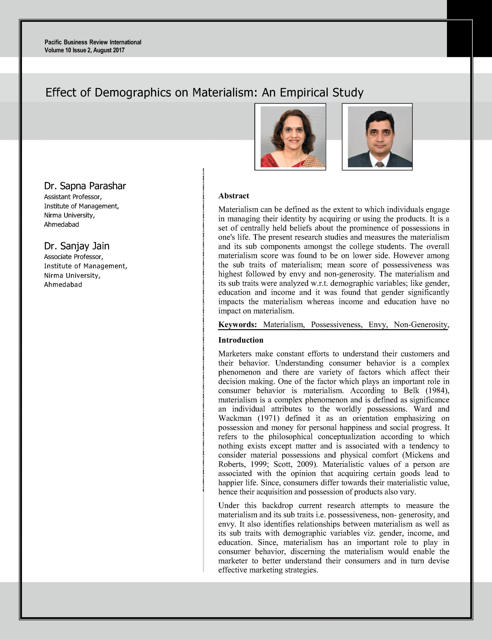 Effect of Demographics on Materialism: An Empirical Study