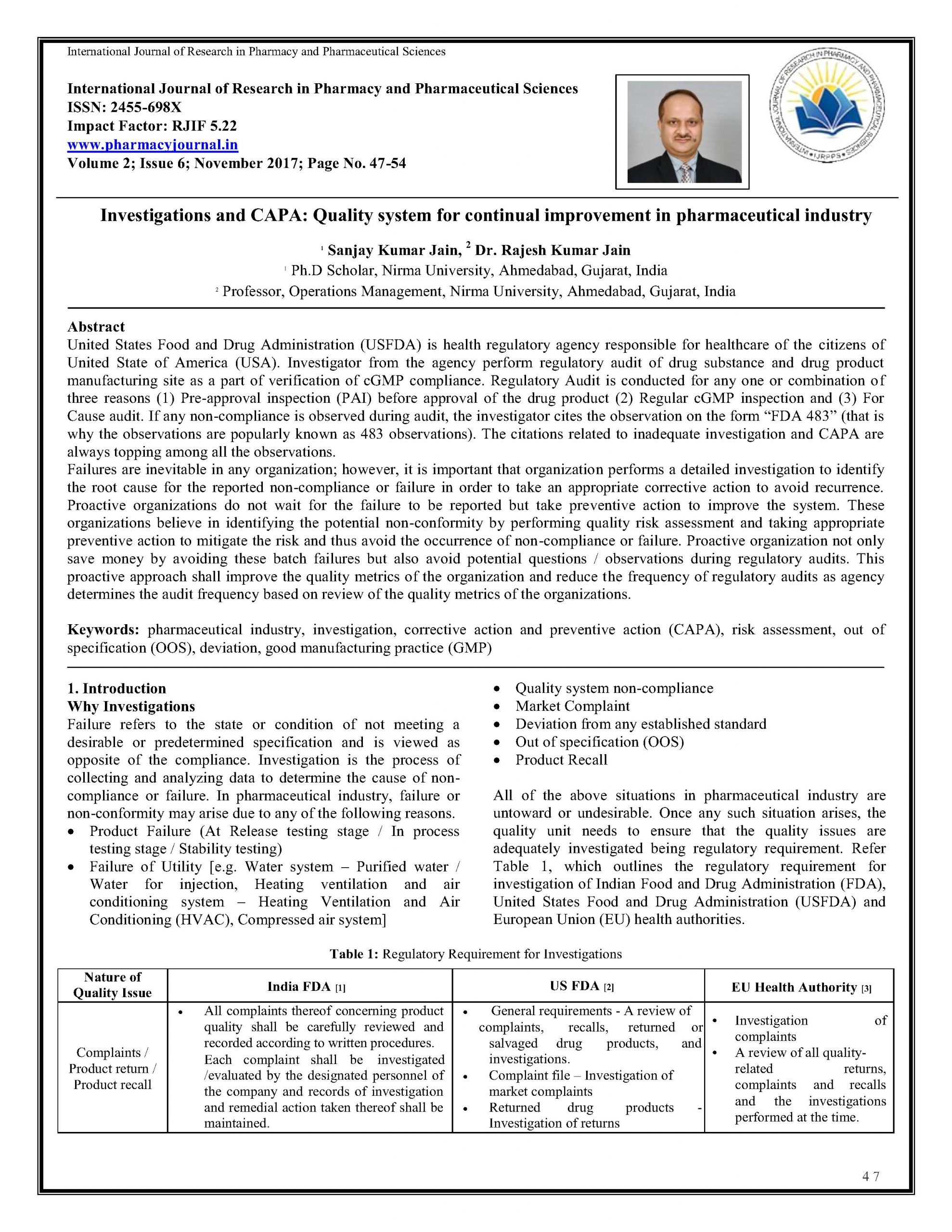 Investigation and CAPA: Quality system for continual improvement in pharmaceutical industry