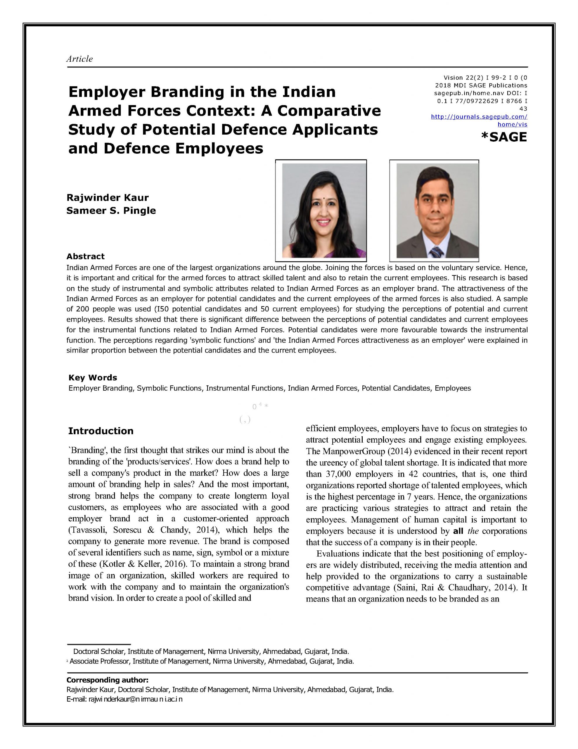 Employer Branding in the Indian Armed Forces Context: A Comparative Study of Potential Defence Applicants and Defense Employees