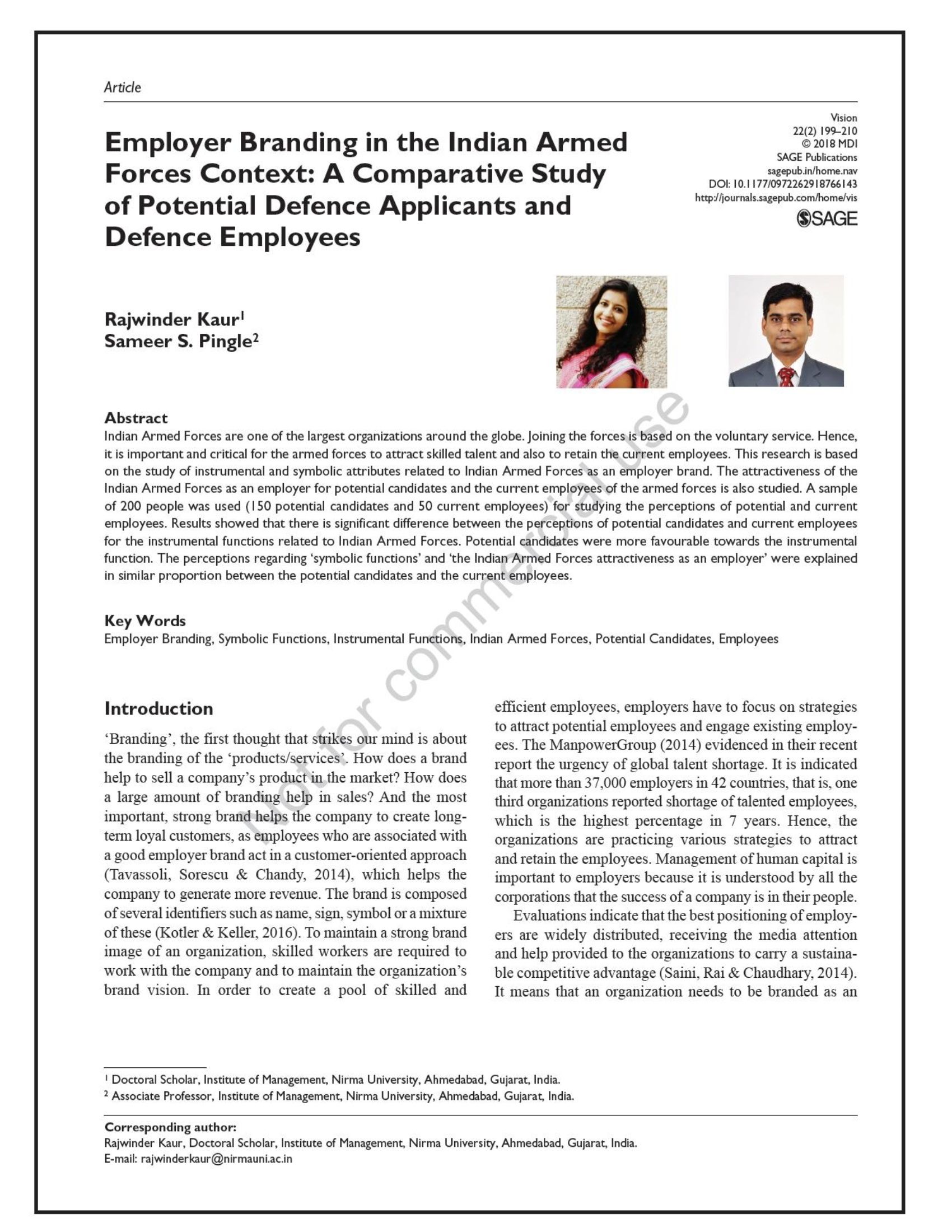 Employer Branding in the Indian Armed Forces Context: A Comparative Study of Potential Defence Applicants and Defence Employees