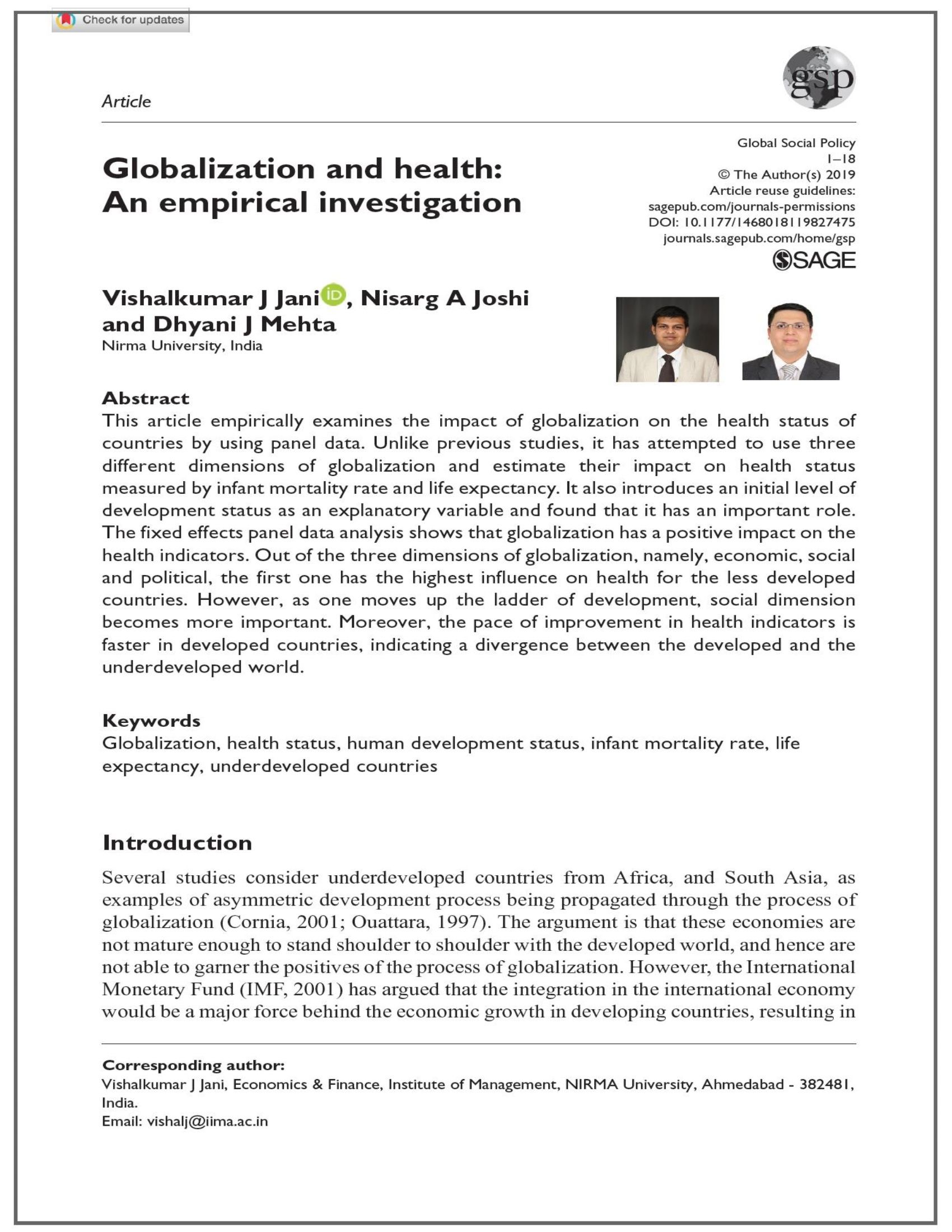 Globalization and health: An empirical investigation