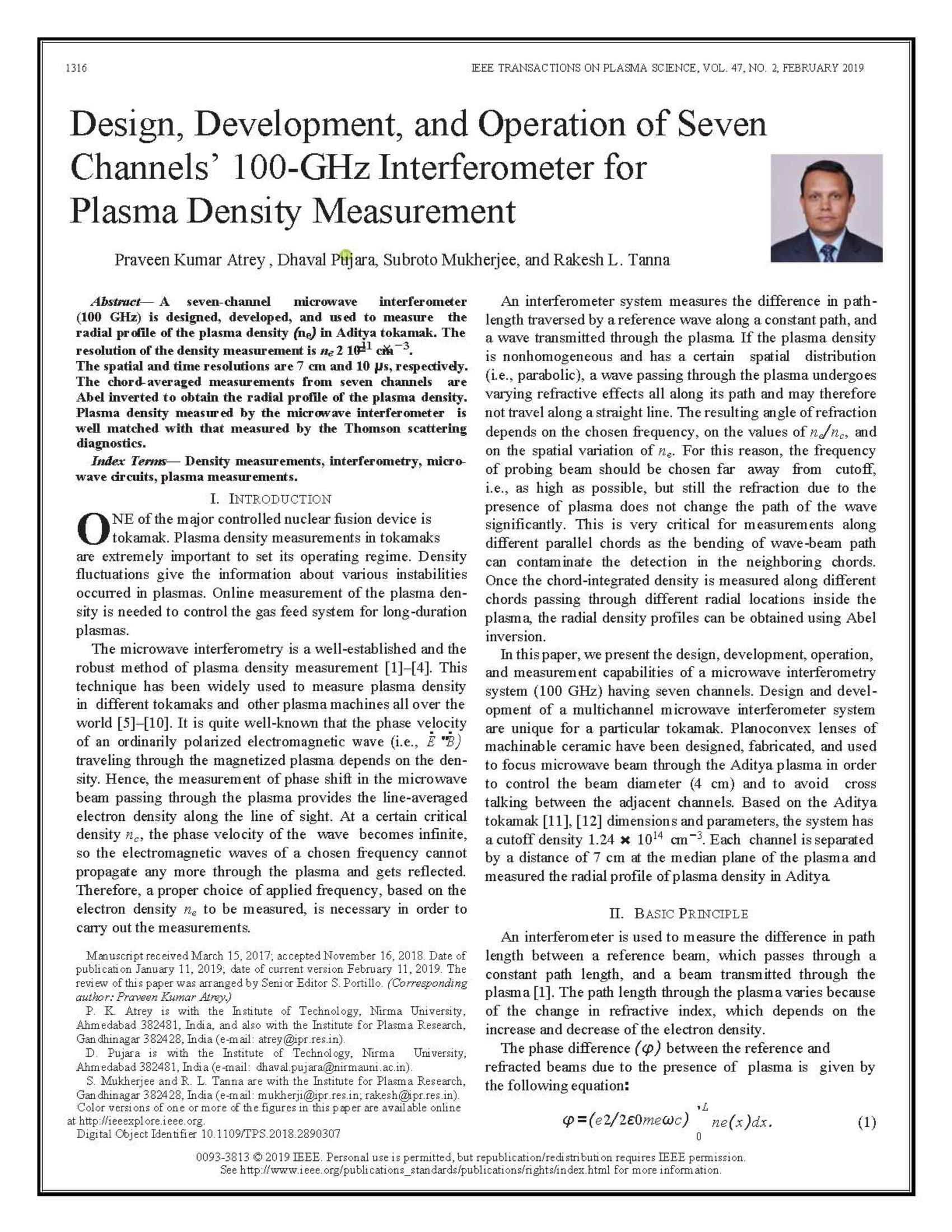 Design, Development, and Operation of Seven Channels? 100-GHz Interferometer for Plasma Density Measurement