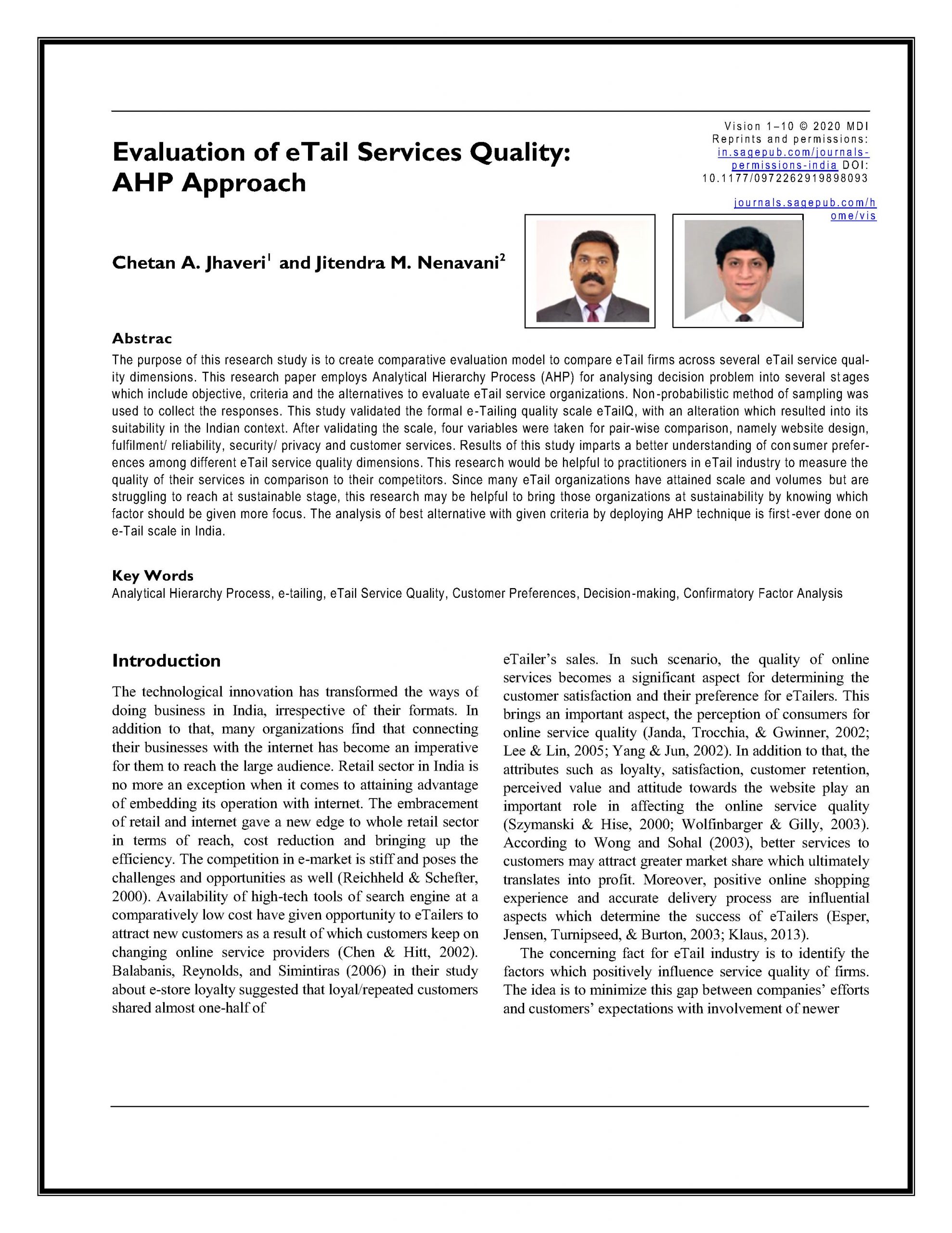 Evaluation of eTail Services Quality: AHP Approach