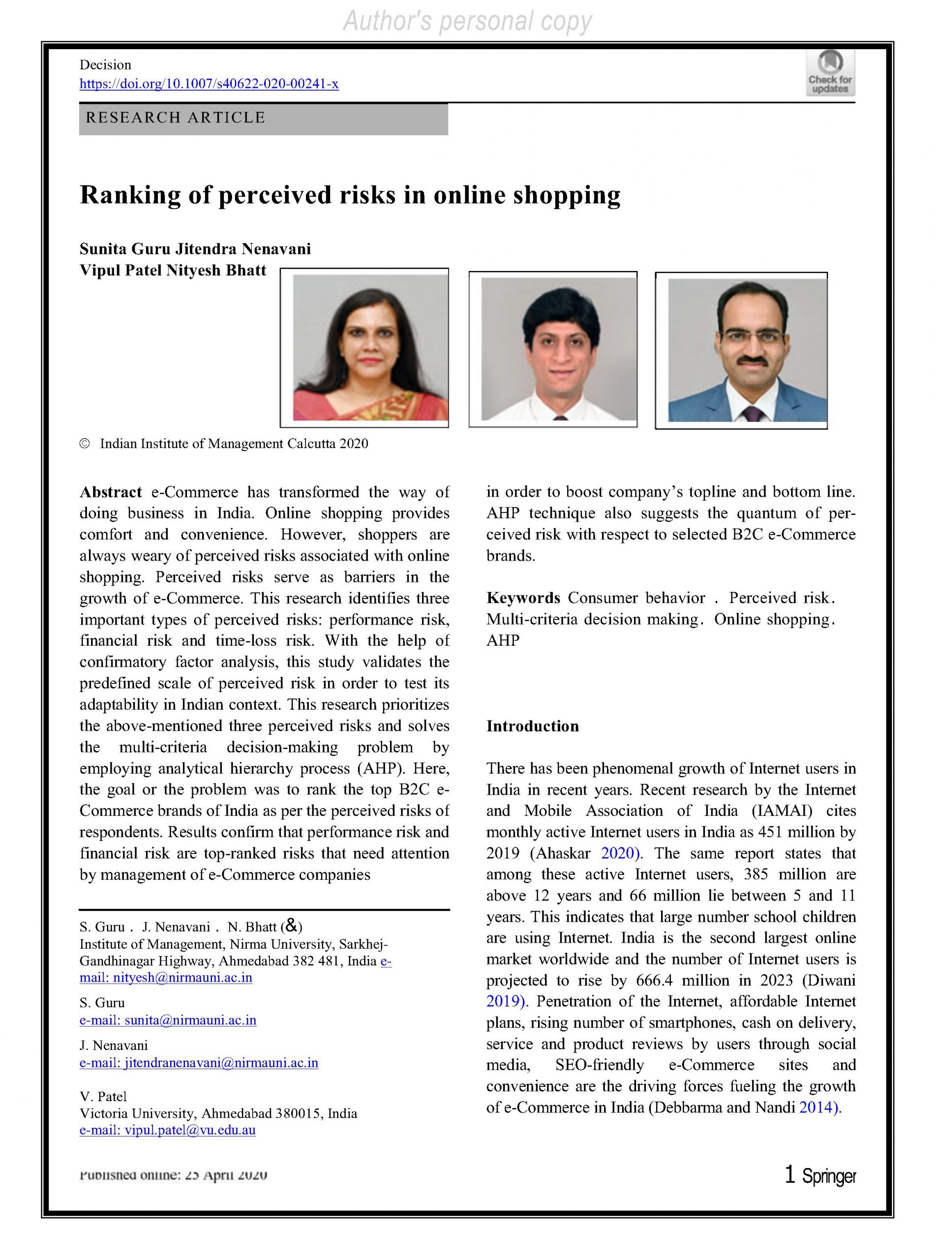 Ranking of perceived risks in online shopping