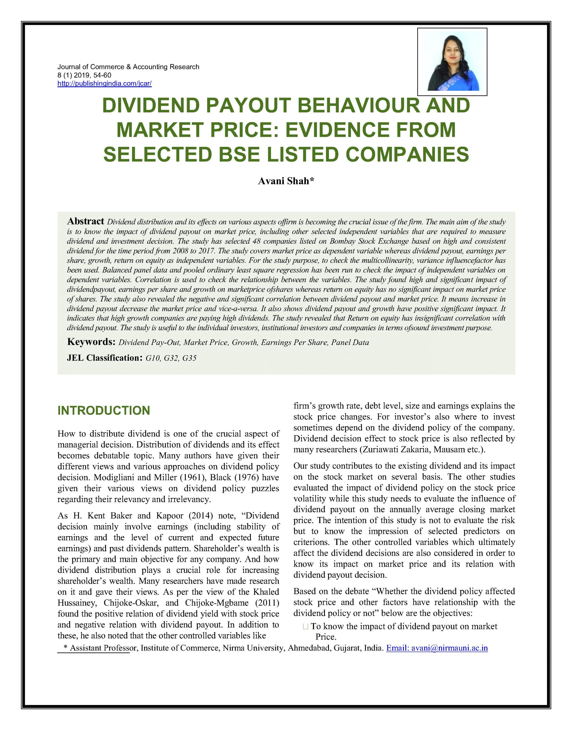 Dividend Payout Behaviour and Market Price: Evidence from Selected BSE Listed Companies