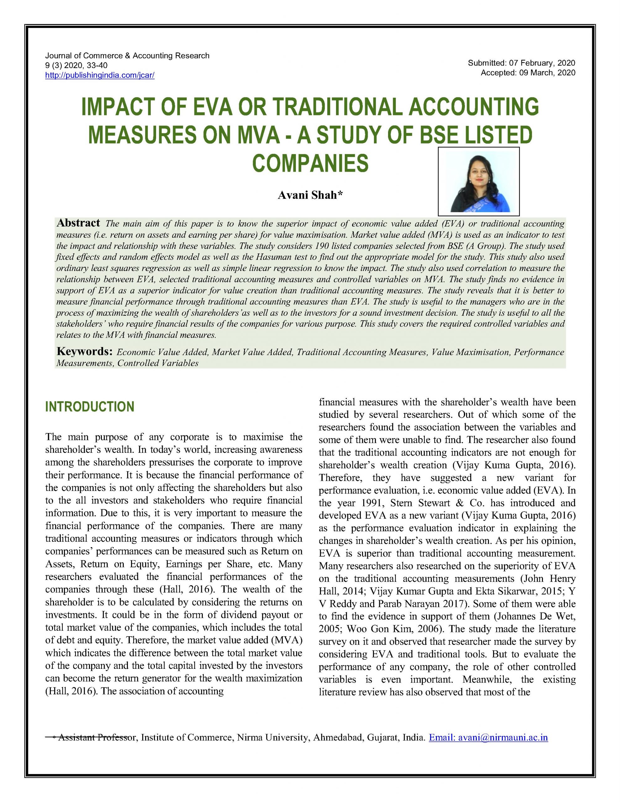 Impact of Eva or Traditional Accounting Measures on Mva – A Study of Bse Listed Companies