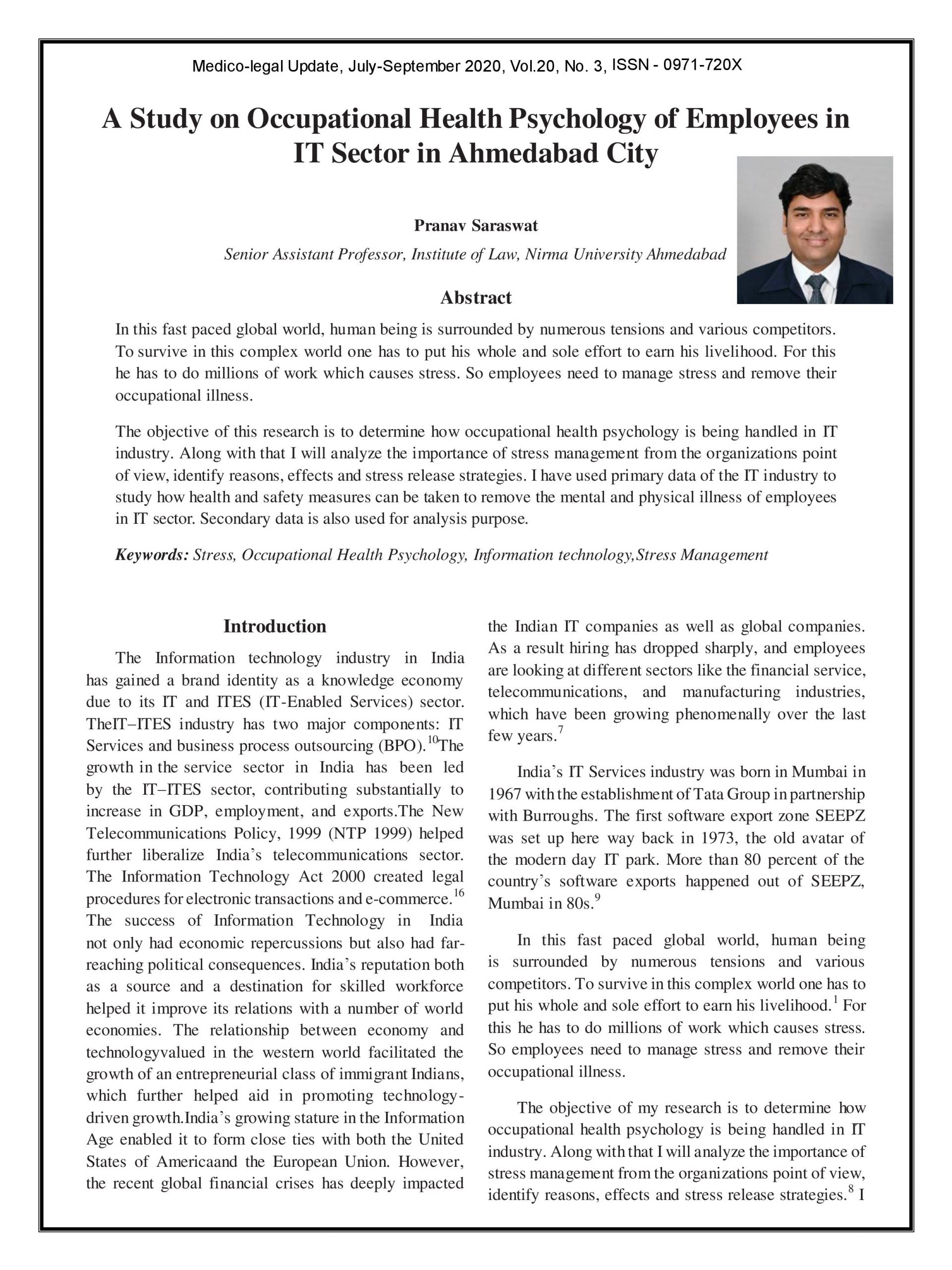 A Study on Occupational Health Psychology of Employees in the IT sector in Ahmedabad City