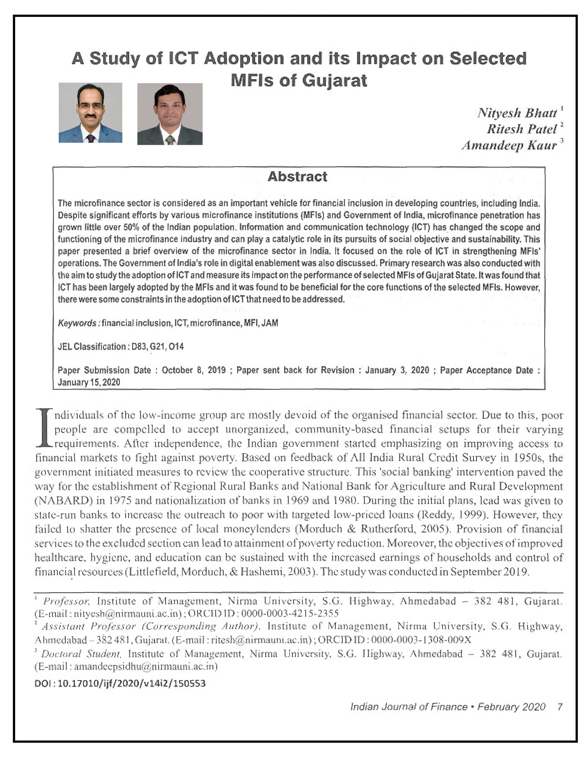 A Study of ICT Adoption and its Impact on Selected MFIs of Gujarat