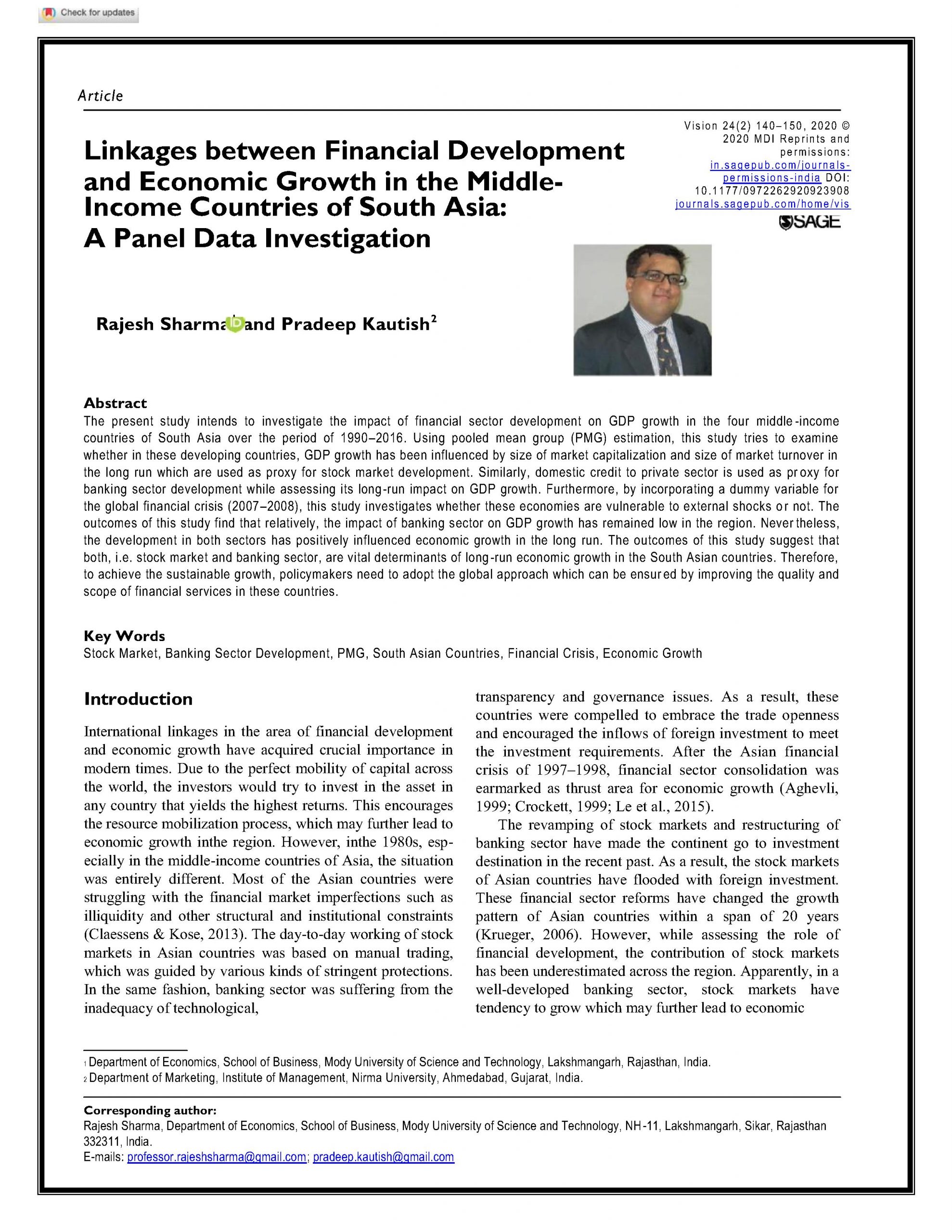 Linkages between Financial Development and Economic Growth in the Middle-Income Countries of South Asia: A Panel Data Investigation