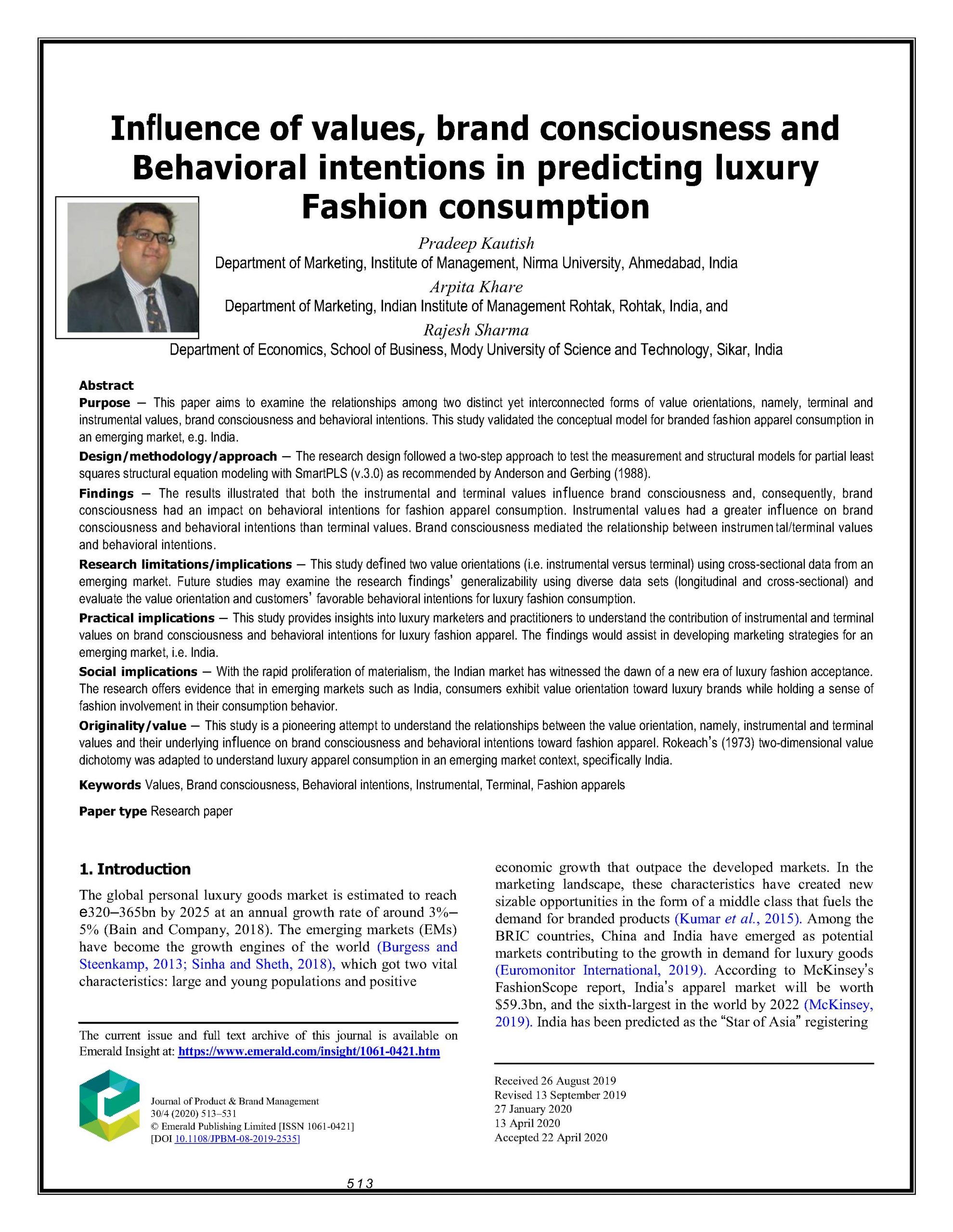 Influence of Values, Brand Consciousness and Behavioral Intentions in Predicting Luxury Fashion Consumption