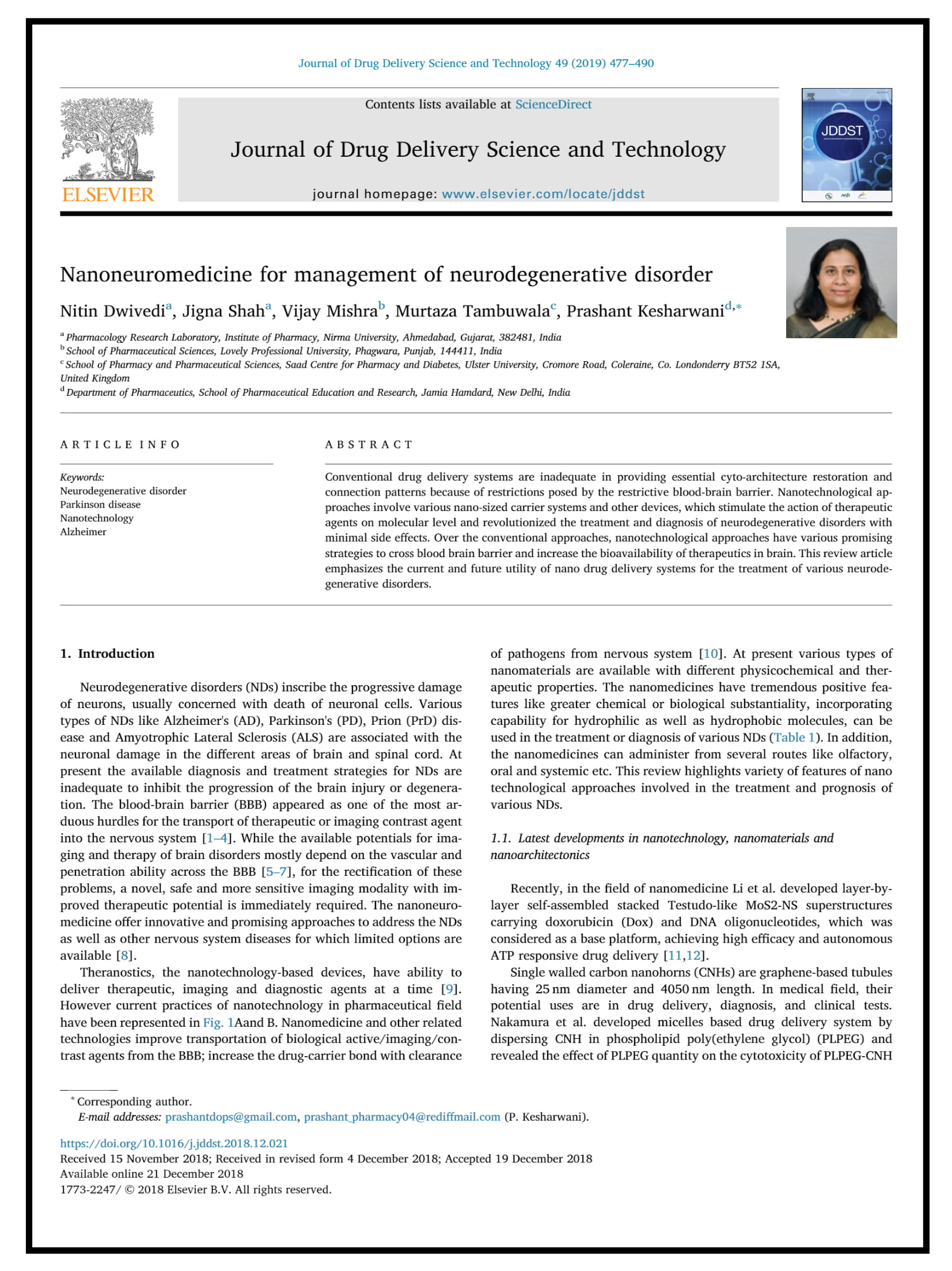 Nanoneuromedicine for management of neurodegenerative disorder