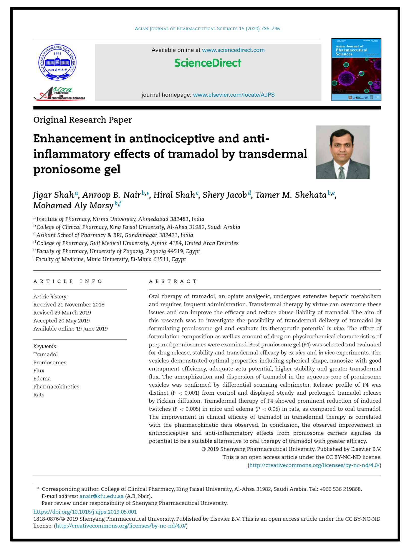 Enhancement in antinociceptive and anti-inflammatory effects of tramadol by transdermal proniosome gel