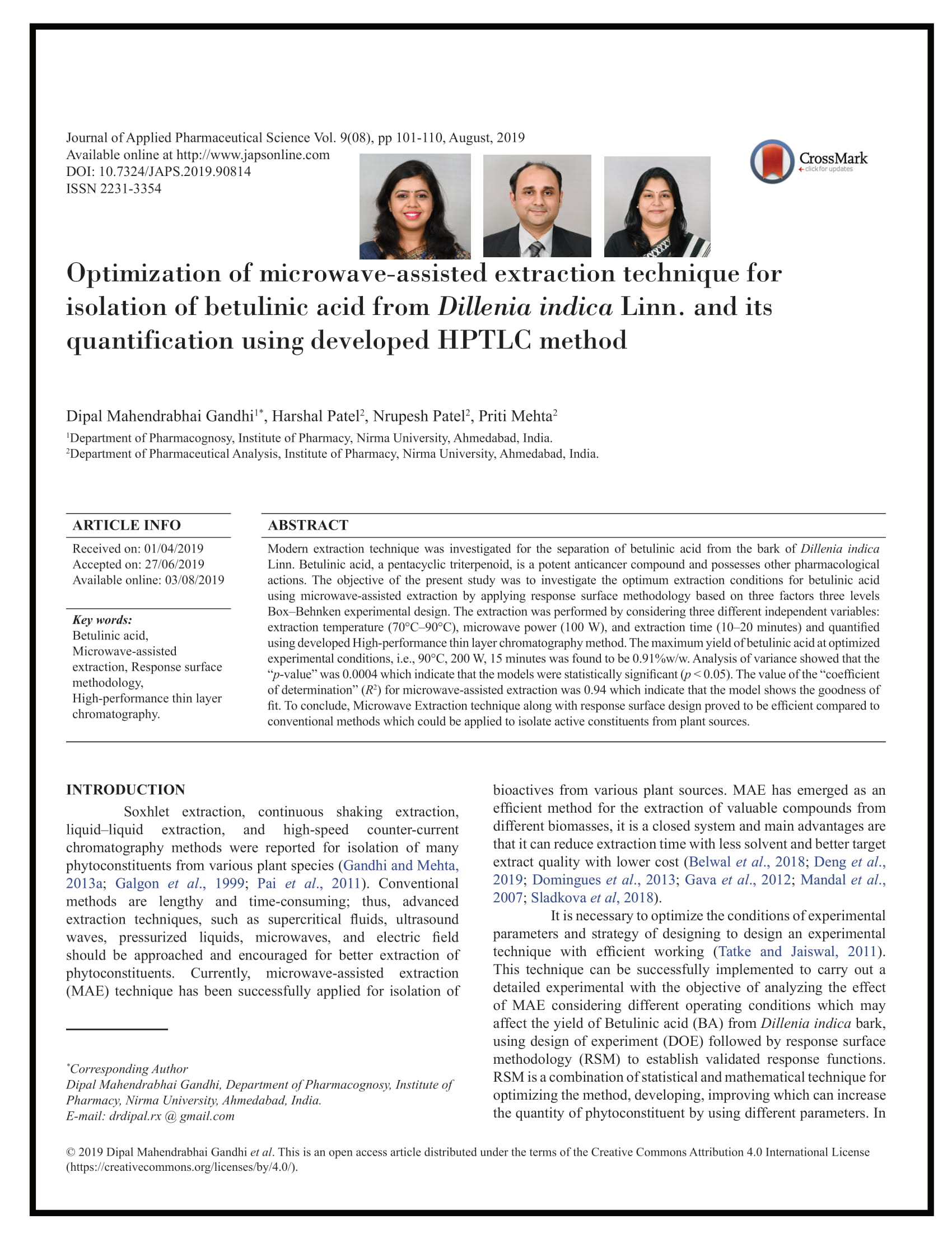 Optimization of microwave-assisted extraction technique for isolation of betulinic acid from Dillenia indica Linn. and its quantification using developed HPTLC method