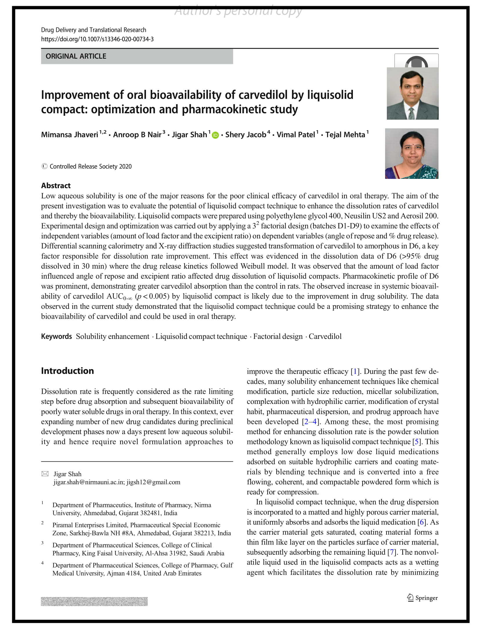 Improvement of oral bioavailability of carvedilol by liquisolid compact: optimization and pharmacokinetic study