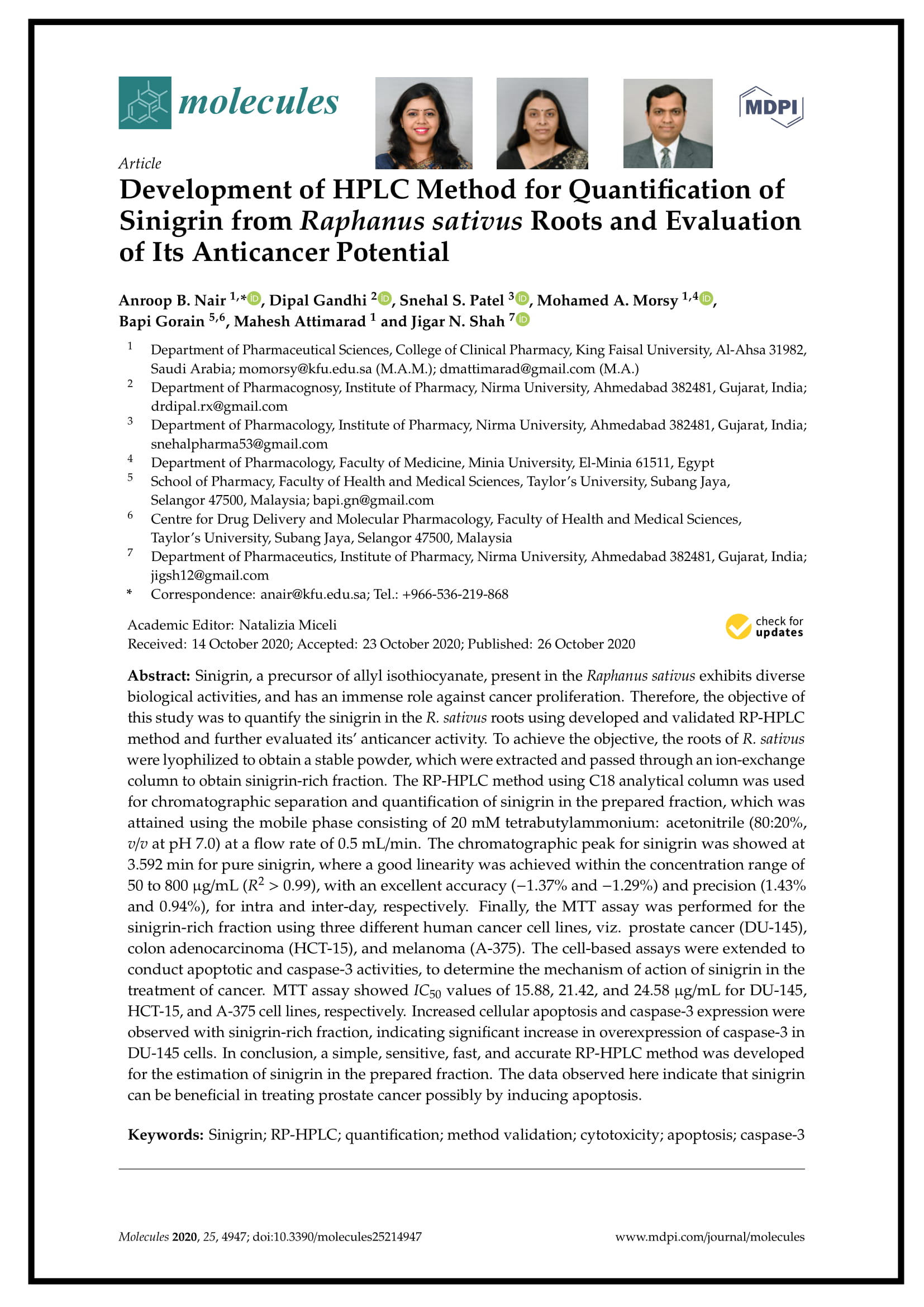 Development of HPLC Method for Quantification of Sinigrin from Raphanus sativus Roots and Evaluation of Its Anticancer Potential
