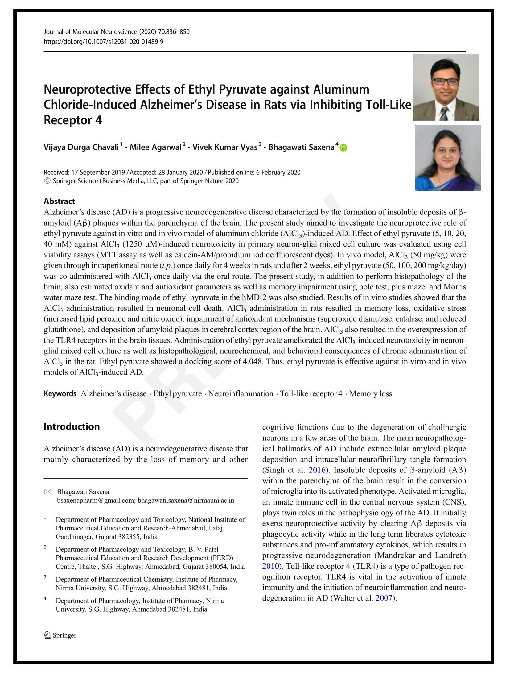 Neuroprotective Effects of Ethyl Pyruvate against Aluminum Chloride-Induced Alzheimer?s Disease in Rats via Inhibiting Toll-Like Receptor 4