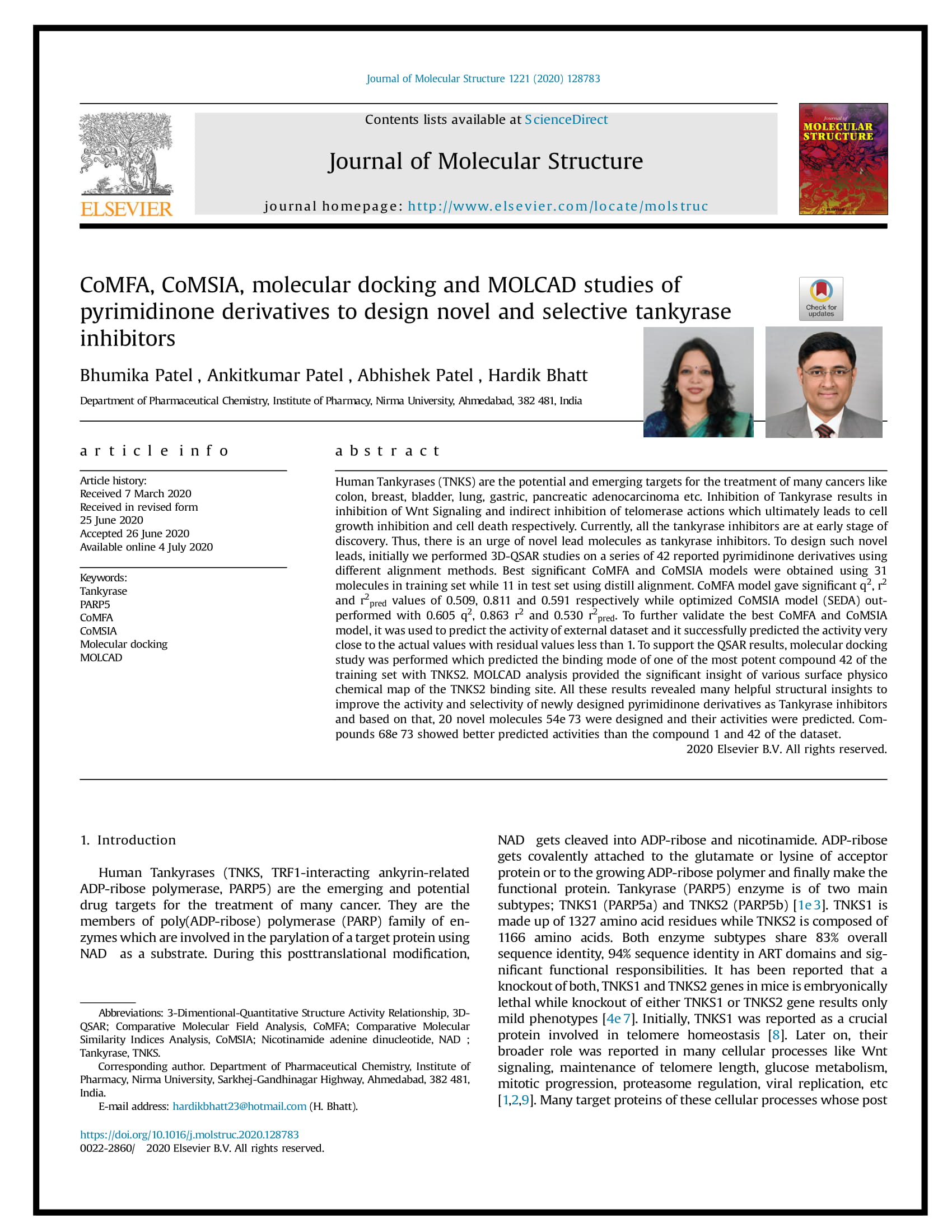 CoMFA, CoMSIA, molecular docking and MOLCAD studies of pyrimidinone derivatives to design novel and selective tankyrase inhibitors