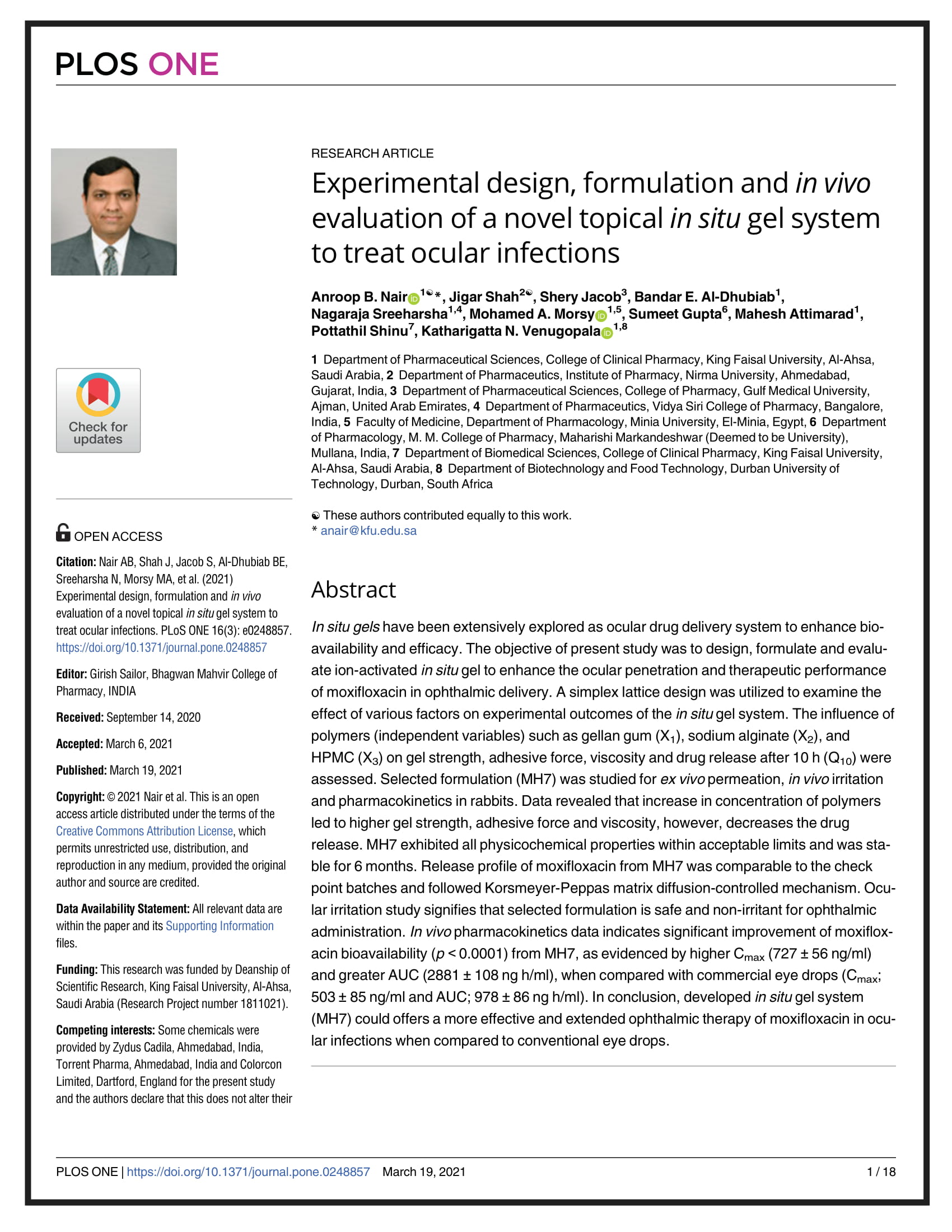 Experimental design, formulation and in vivo evaluation of a novel topical in situ gel system to treat ocular infections