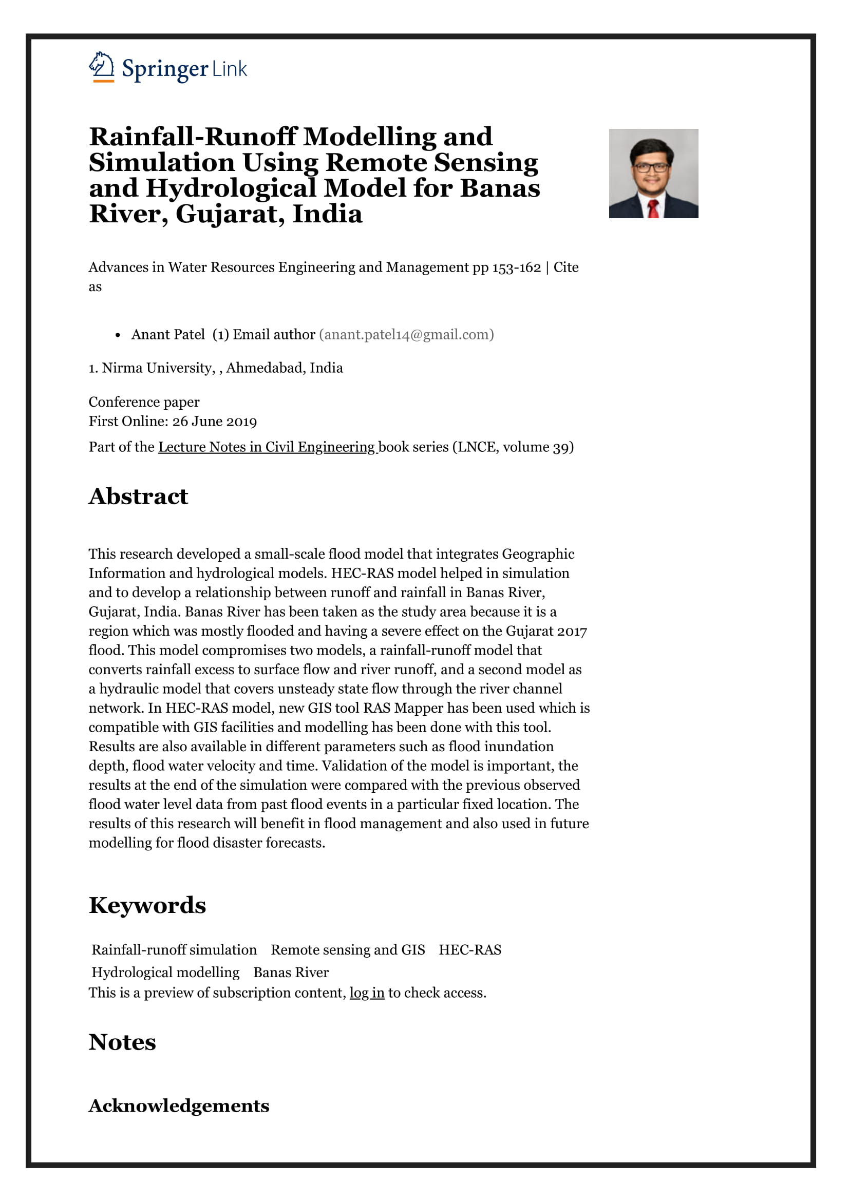 Rainfall-Runoff Modelling and Simulation Using Remote Sensing and Hydrological Model for Banas River, Gujarat, India
