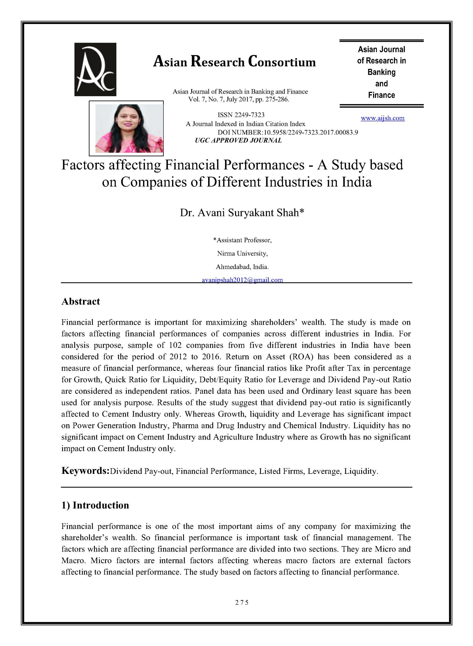 Factors affecting Financial Performances – A Study based on Companies of Different Industries in India