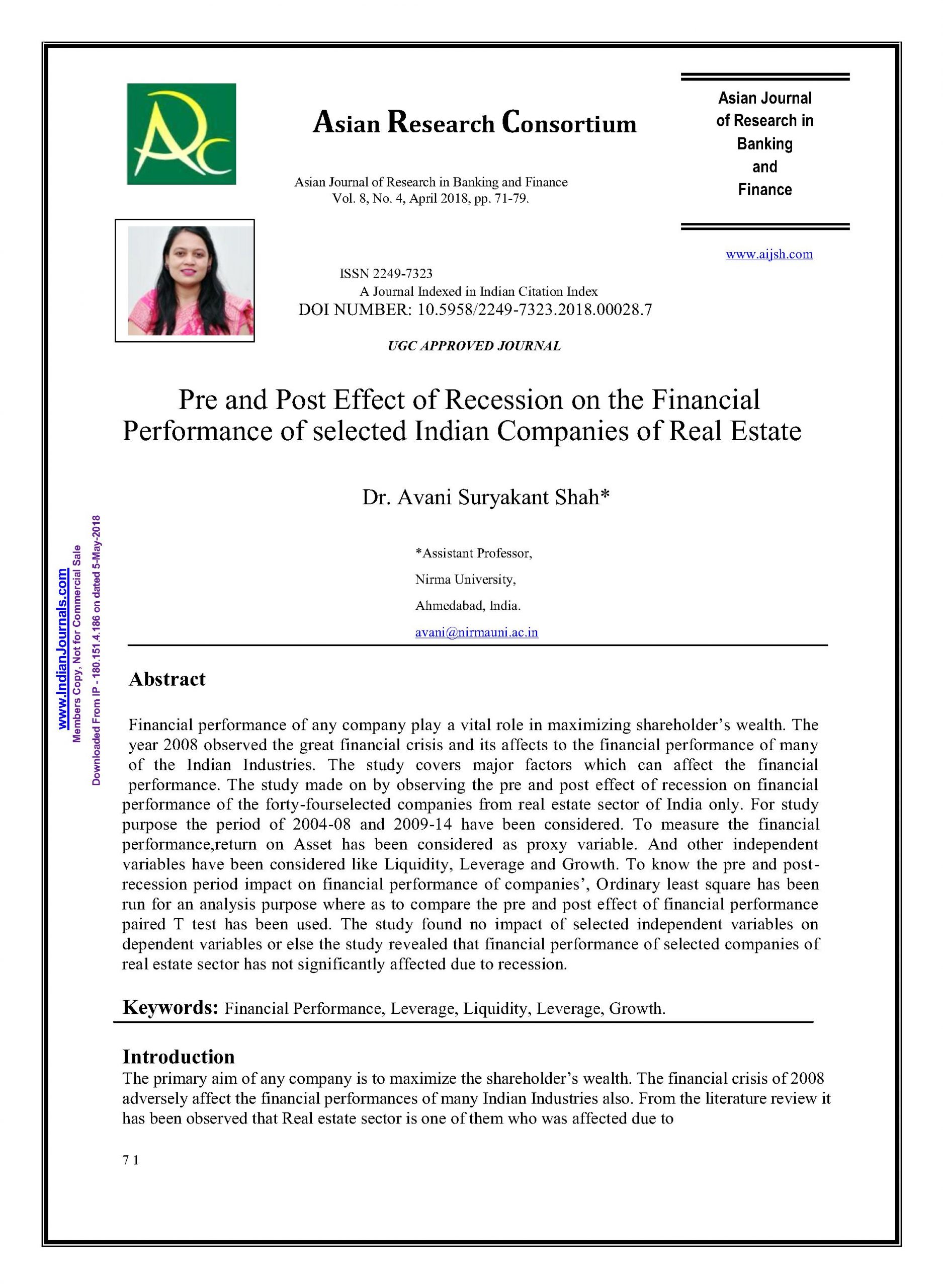 Pre and Post Effect of Recession on the Financial Performance of selected Indian Companies of Real Estate