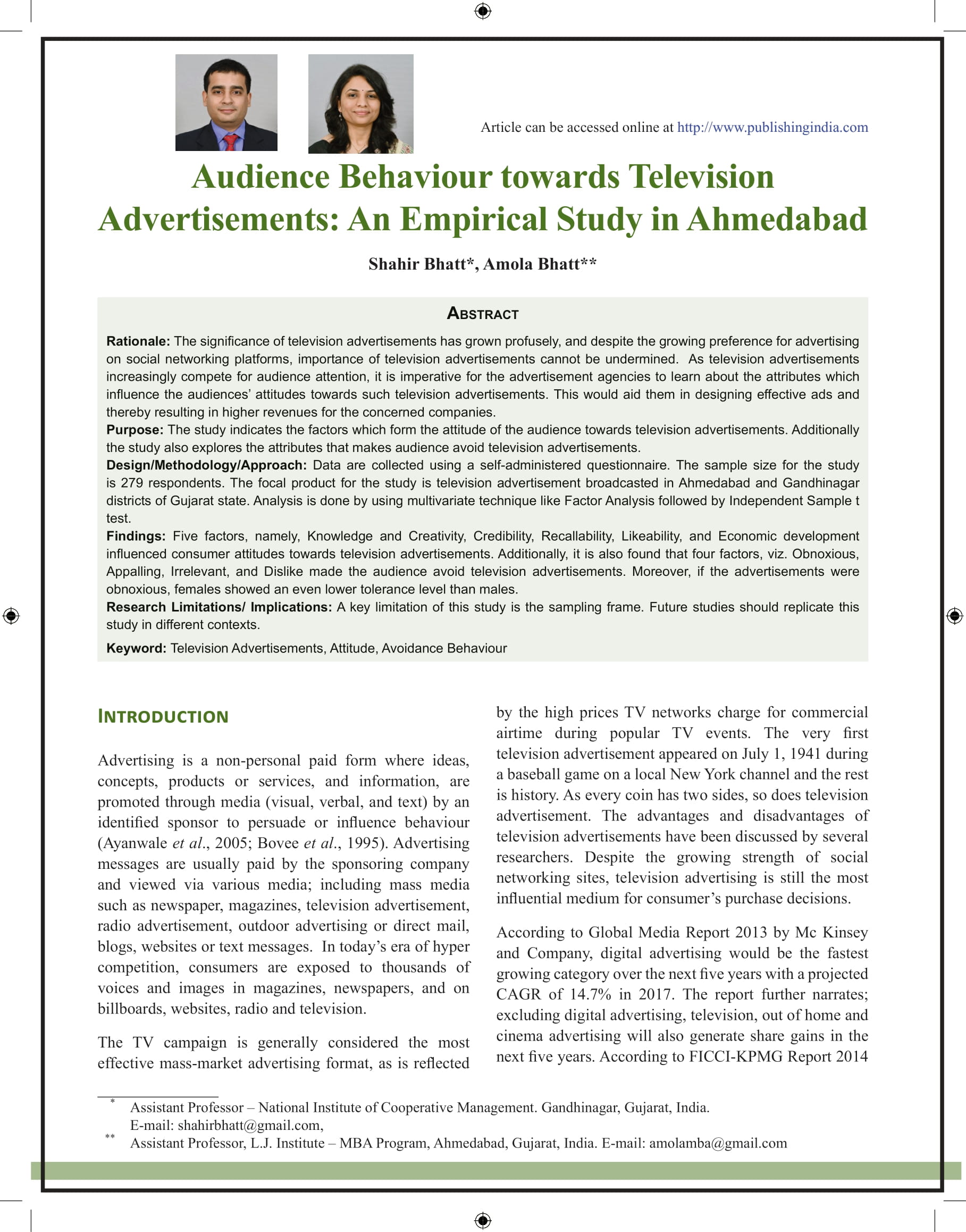 Audience behavior towards television advertisements: An Empirical Study in Ahmedabad