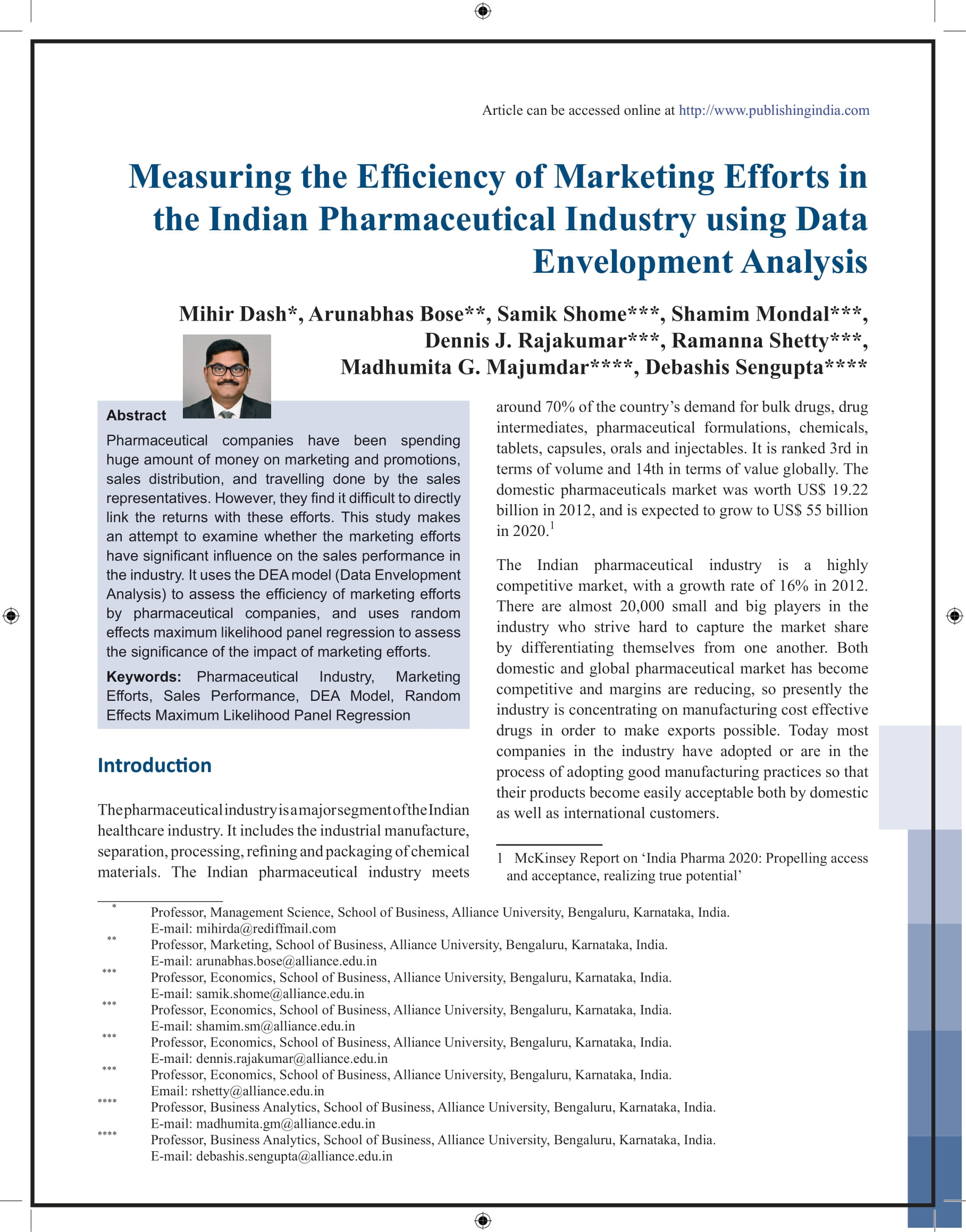 Measuring the Efficiency of Marketing Efforts in the Indian Pharmaceutical Industry using Data Envelopment Analysis