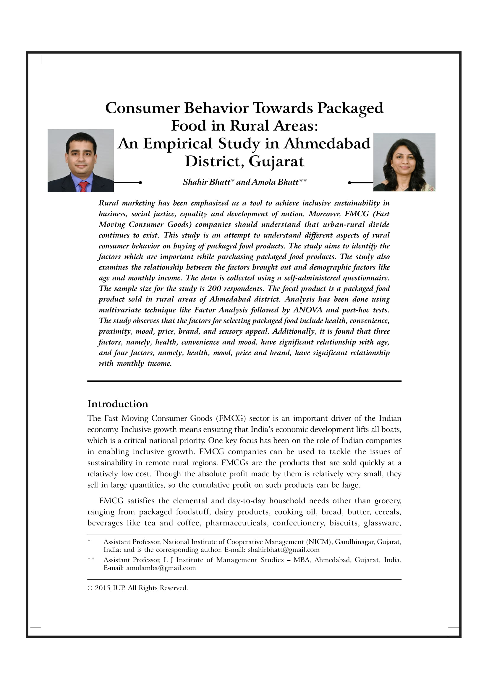 Consumer Behavior Towards Packaged Food in Rural Areas: An Empirical Study in Ahmedabad District, Gujarat