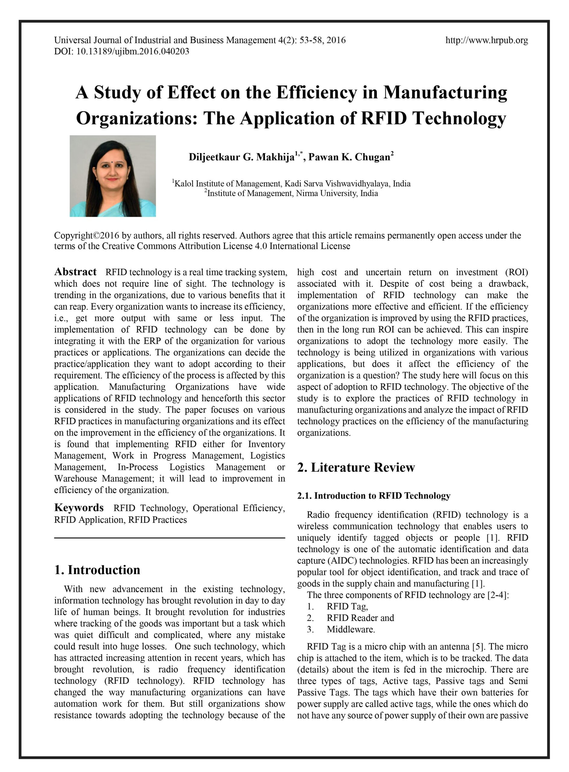 A Study of Effect on the Efficiency in Manufacturing Organizations: The Application of RFID Technology