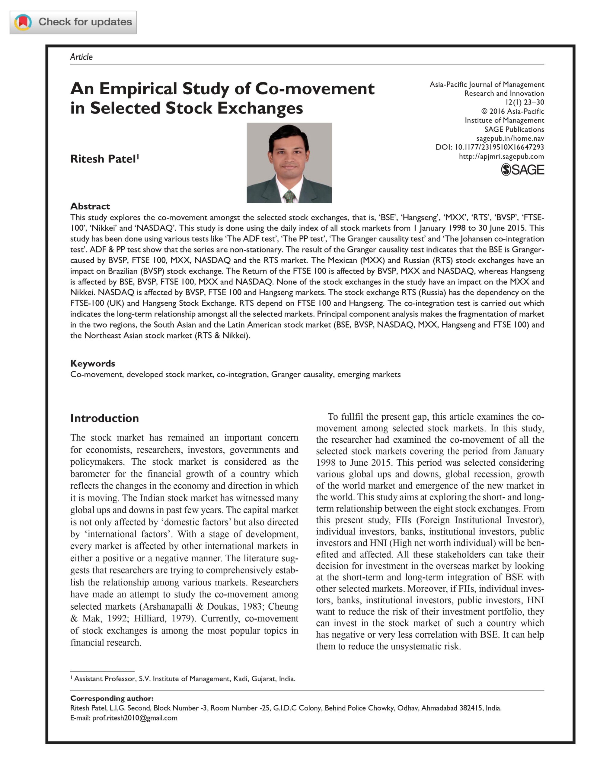 An Empirical Study of Co-movement in Selected Stock Exchanges