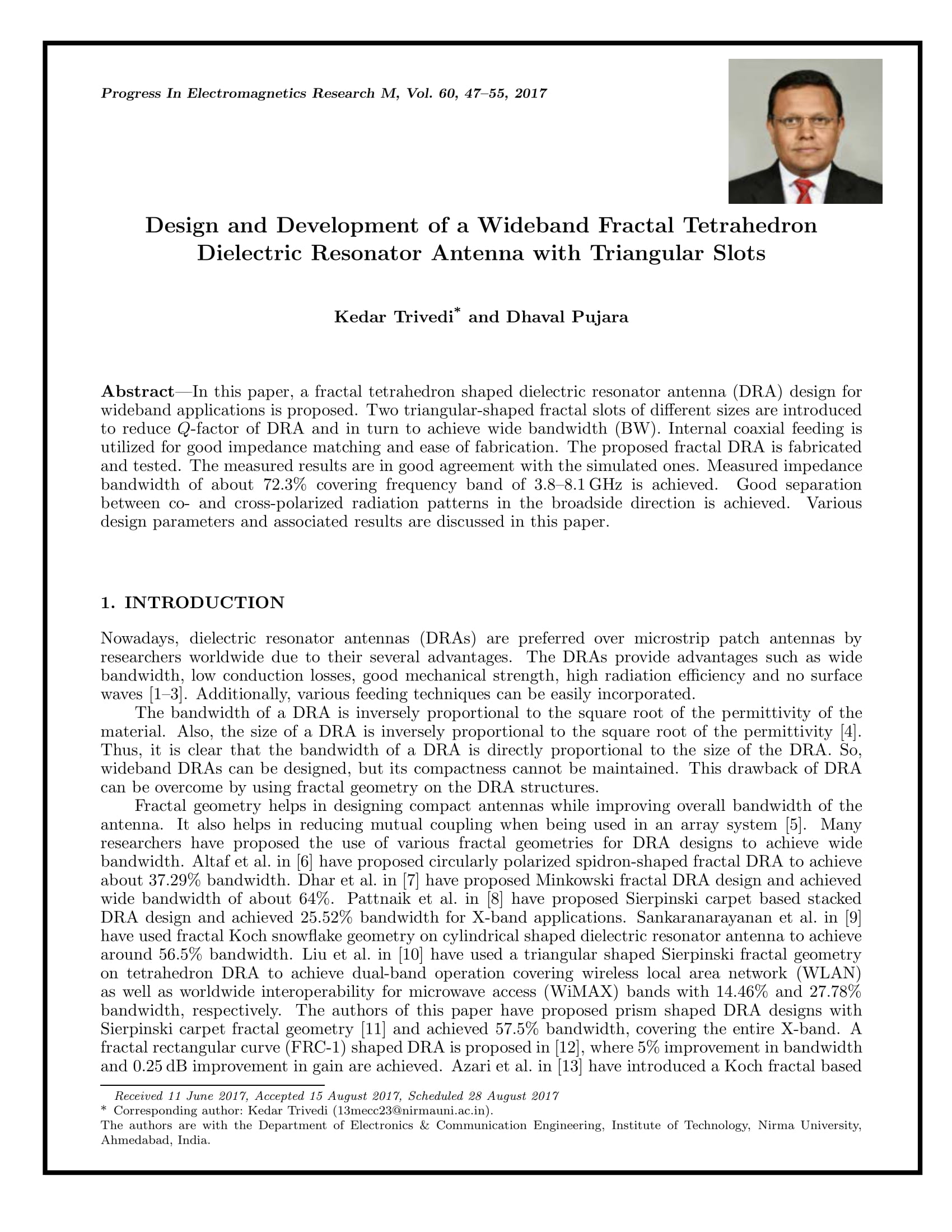 Design and Development of a Wideband Fractal Tetrahedron Dielectric Resonator Antenna with Triangular Slots