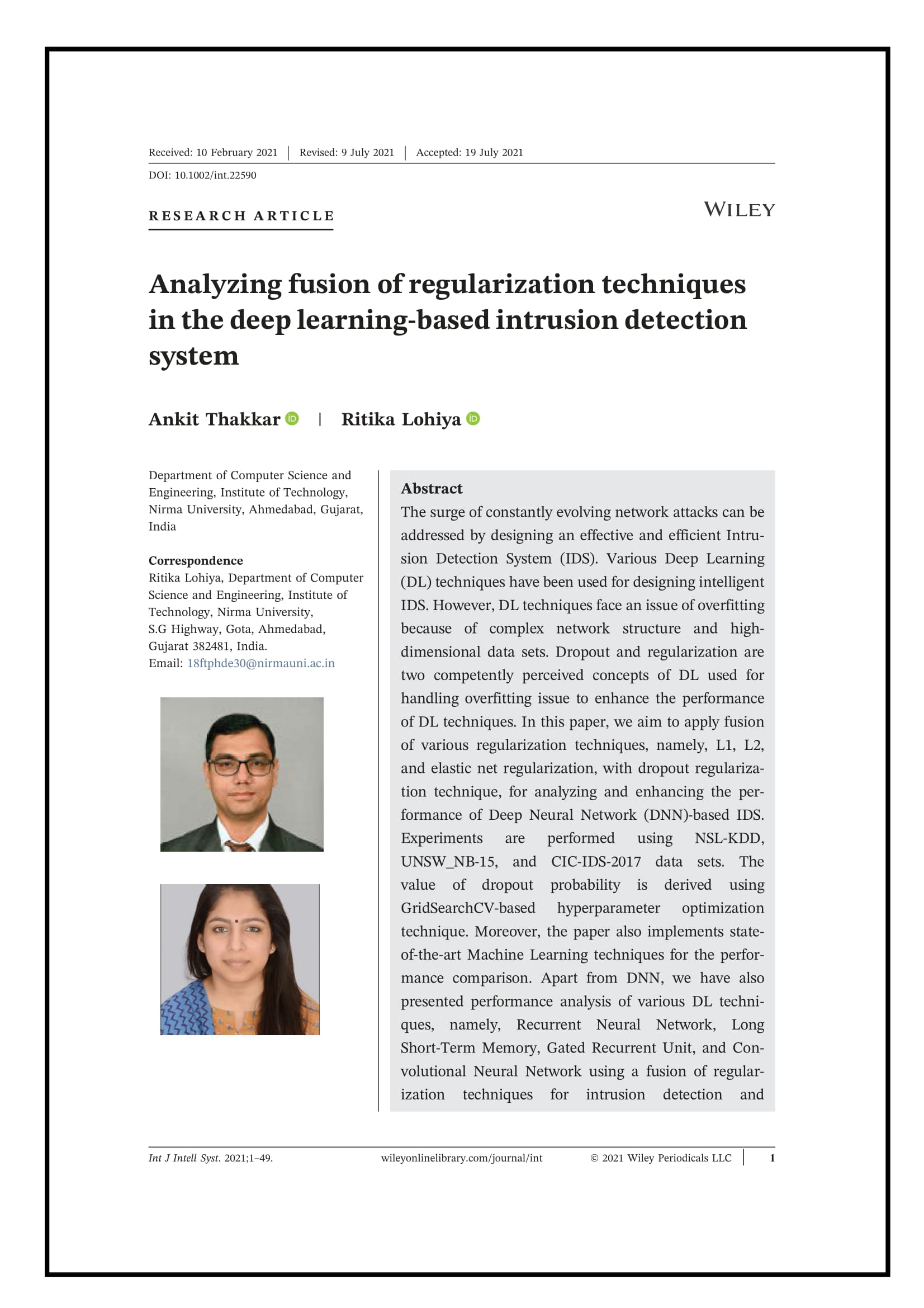 Analyzing fusion of regularization technique in the deep learning?based intrusion detection system