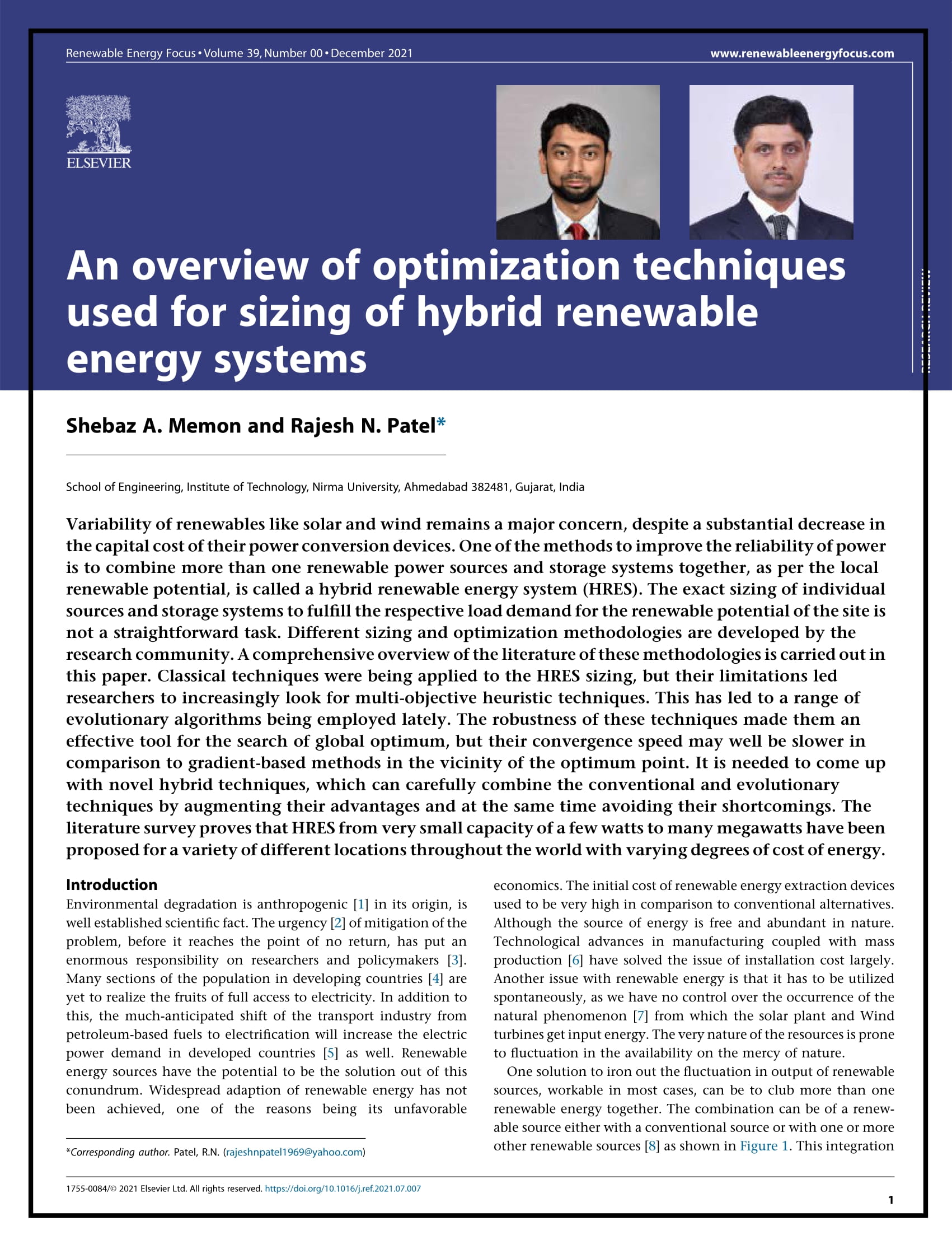 An overview of optimization techniques used for sizing of hybrid renewable energy systems