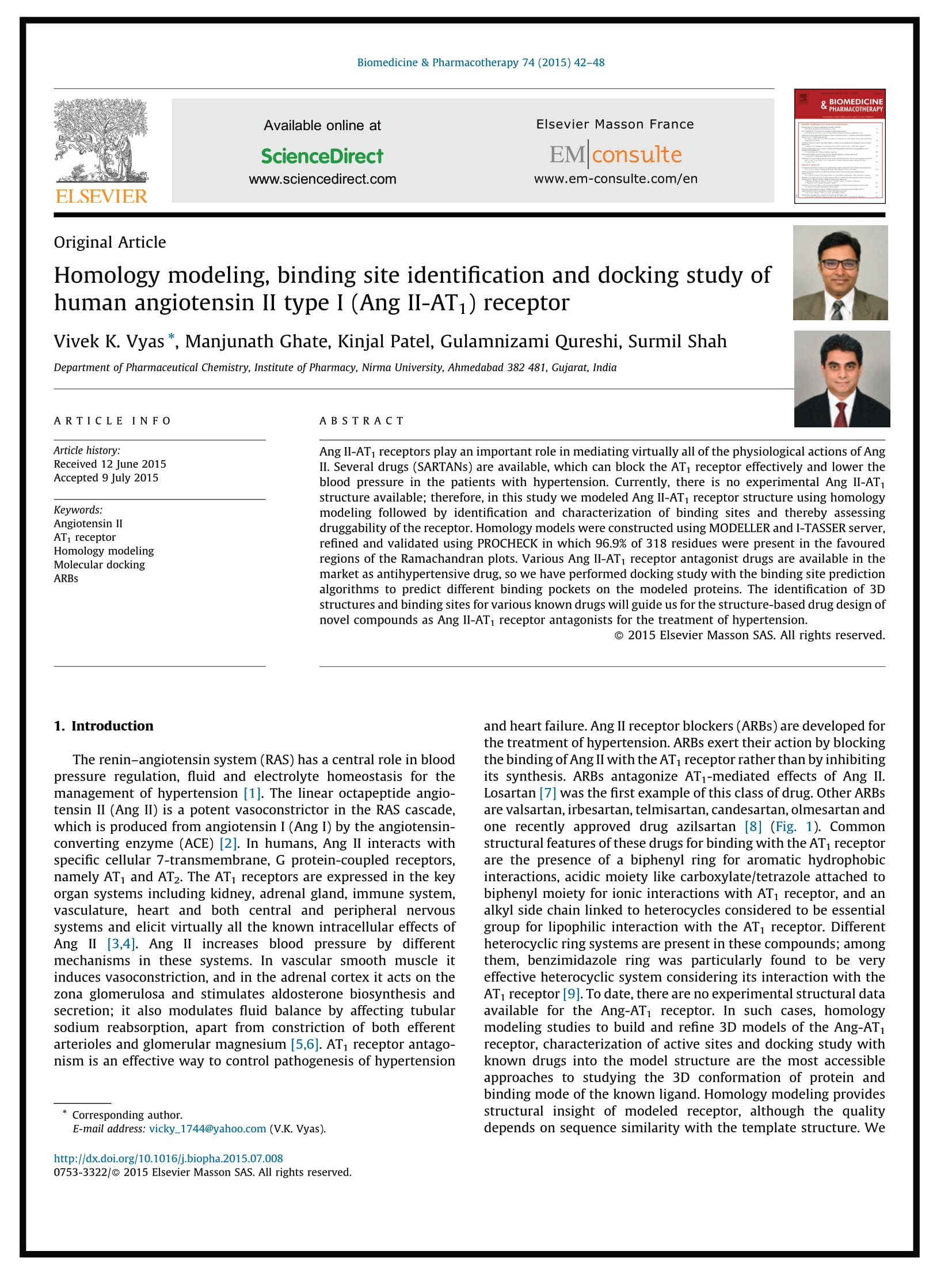 Homology modeling, binding site identification and docking study of human angiotensin II type I (Ang II-AT1) receptor