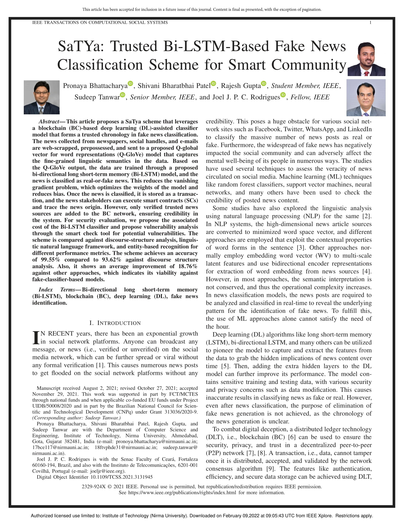 SaTYa: Trusted Bi-LSTM-Based Fake News Classification Scheme for Smart Community