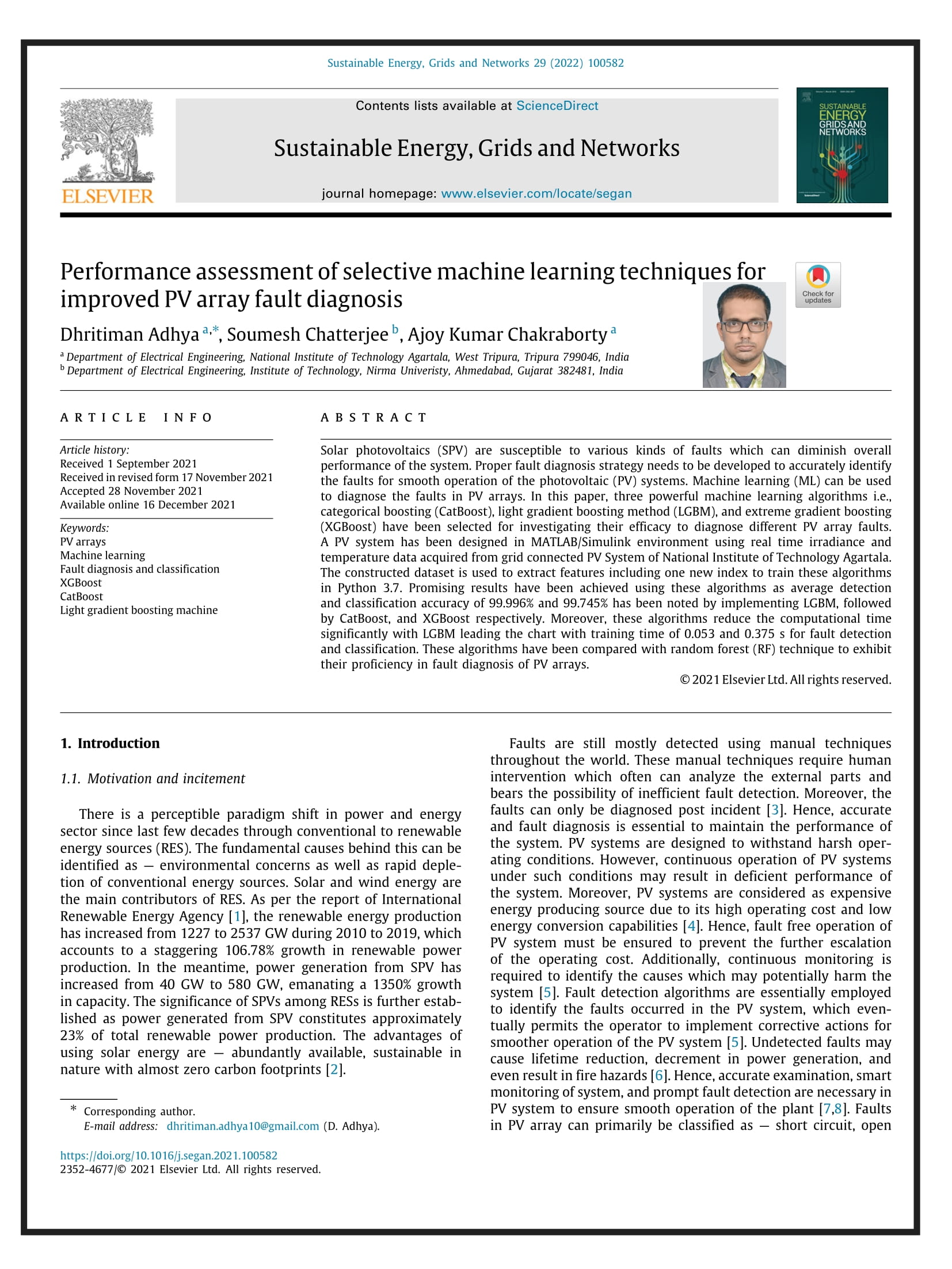 Performance assessment of selective machine learning techniques for improved PV array fault diagnosis