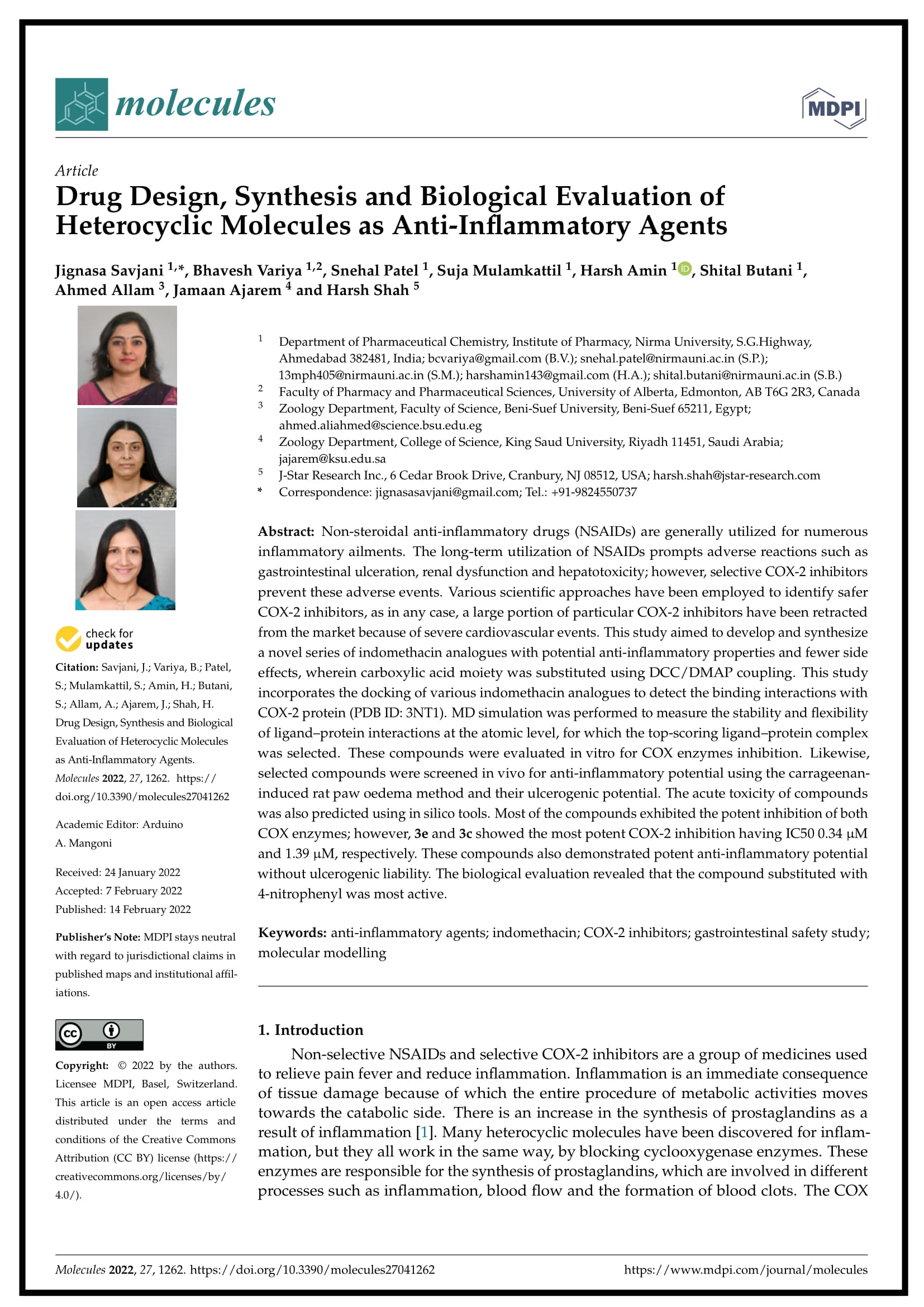 Drug Design, Synthesis and Biological Evaluation of Heterocyclic Molecules as Anti-Inflammatory Agents