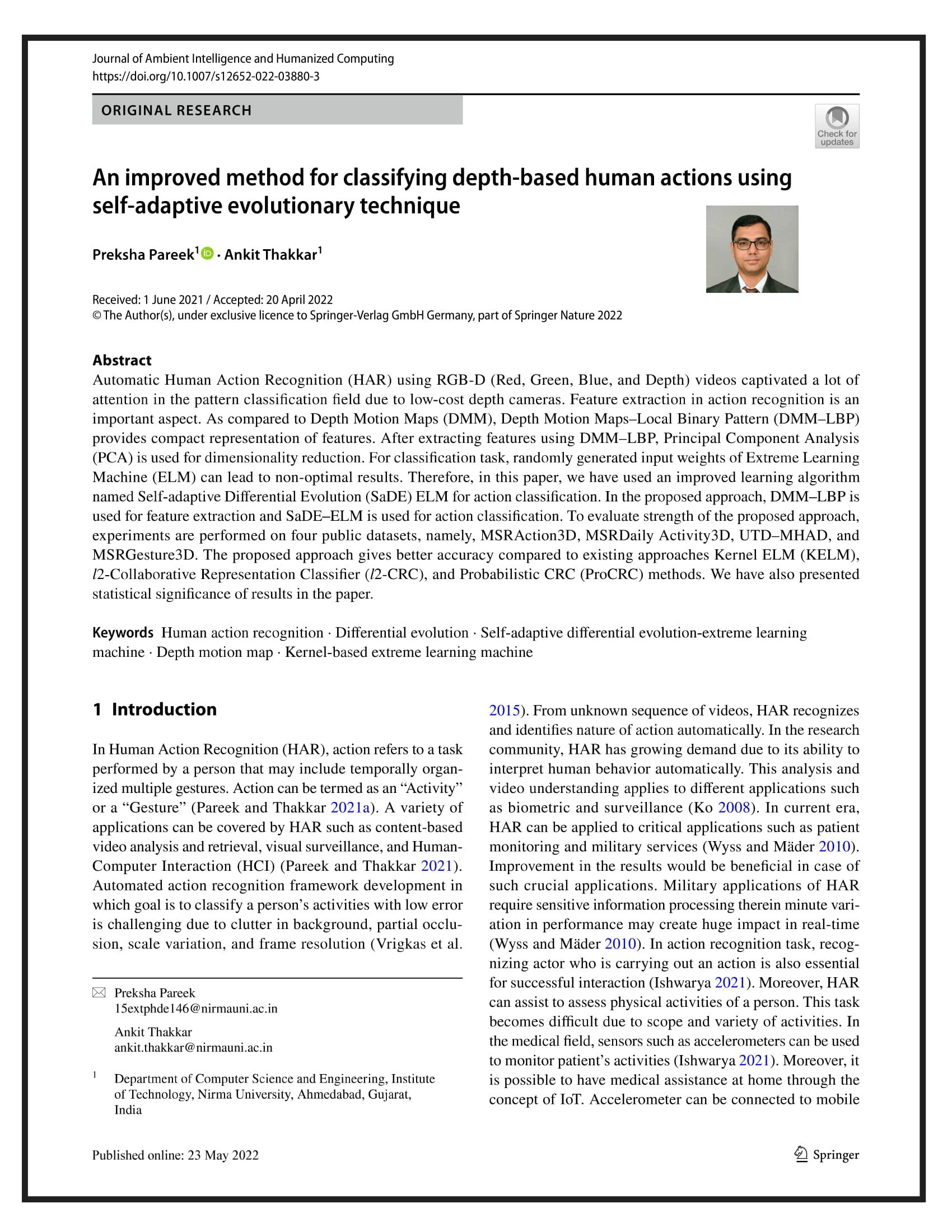 An improved method for classifying depth-based human actions using self-adaptive evolutionary technique