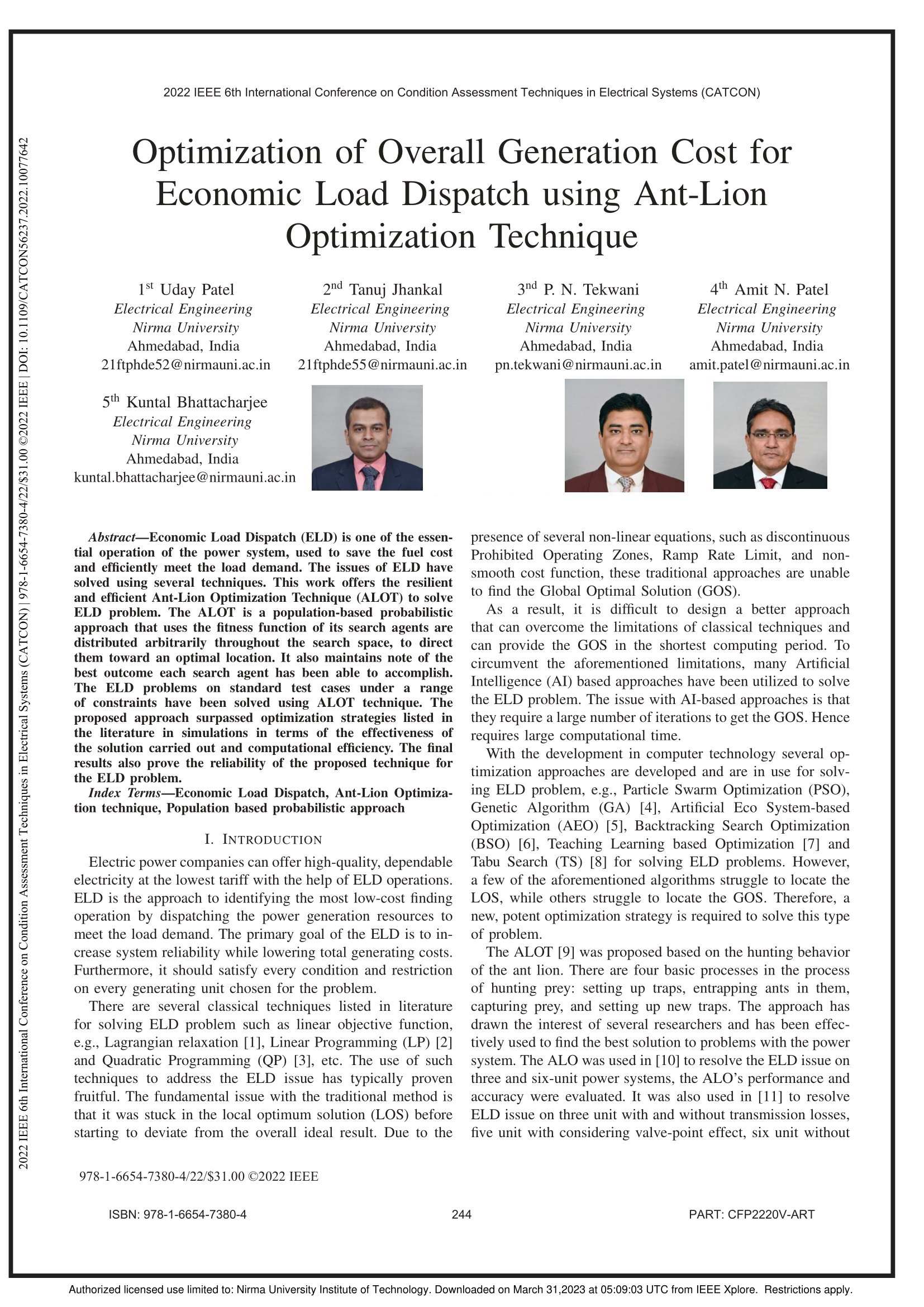 Optimization of overall generation cost for economic load dispatch using ant-lion optimization technique